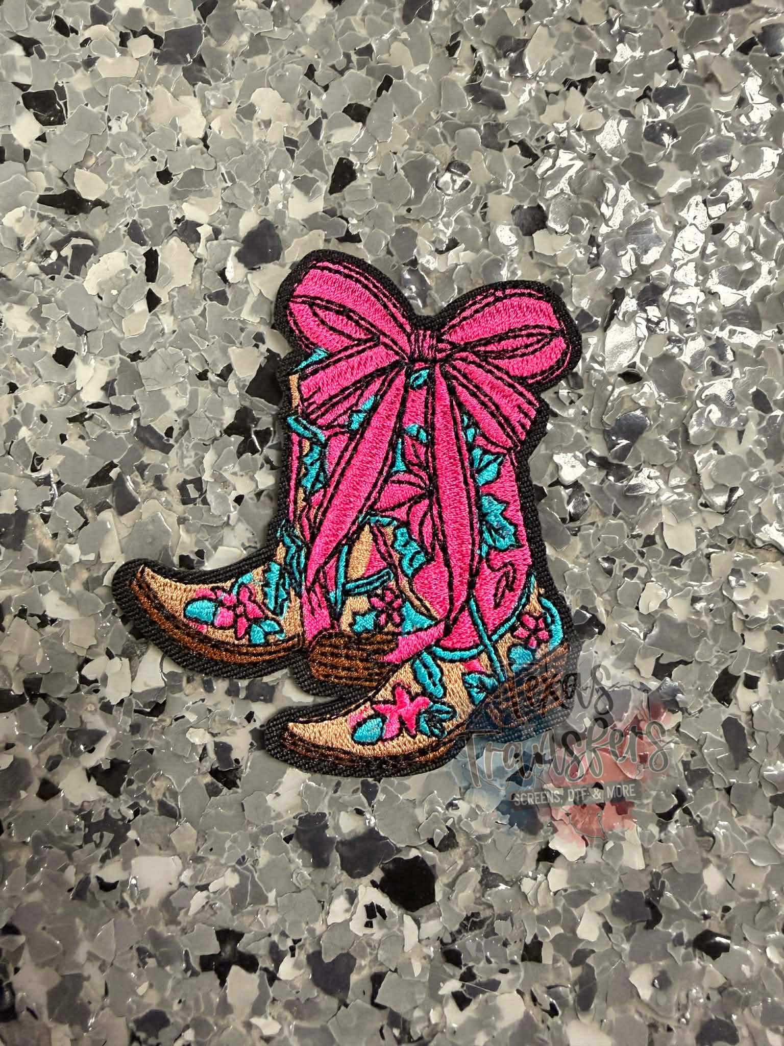 Boots and Pink Bow Iron-On Patch - Texas Transfers and Designs