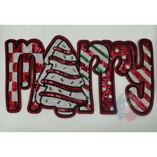 Merry Christmas Tree Cake Sequin XL Iron-On Patch - Texas Transfers and Designs