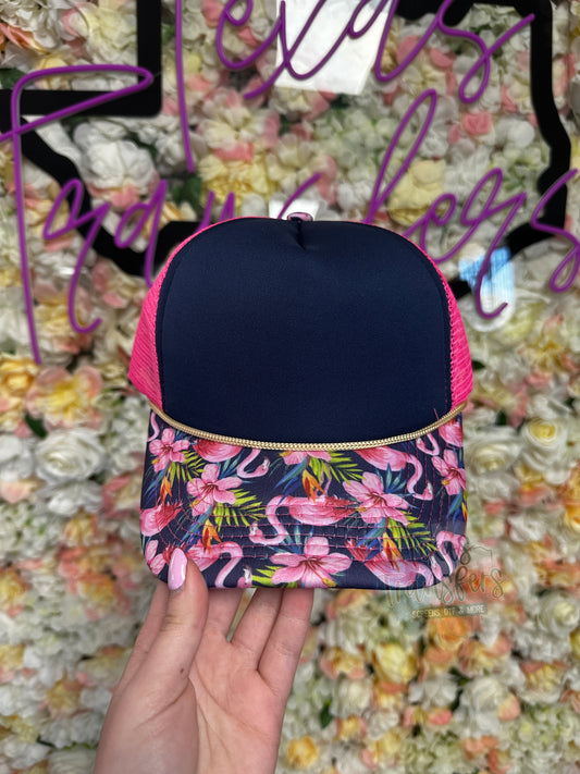 Navy/Pink Flamingo Brim Trucker Hat - Texas Transfers and Designs