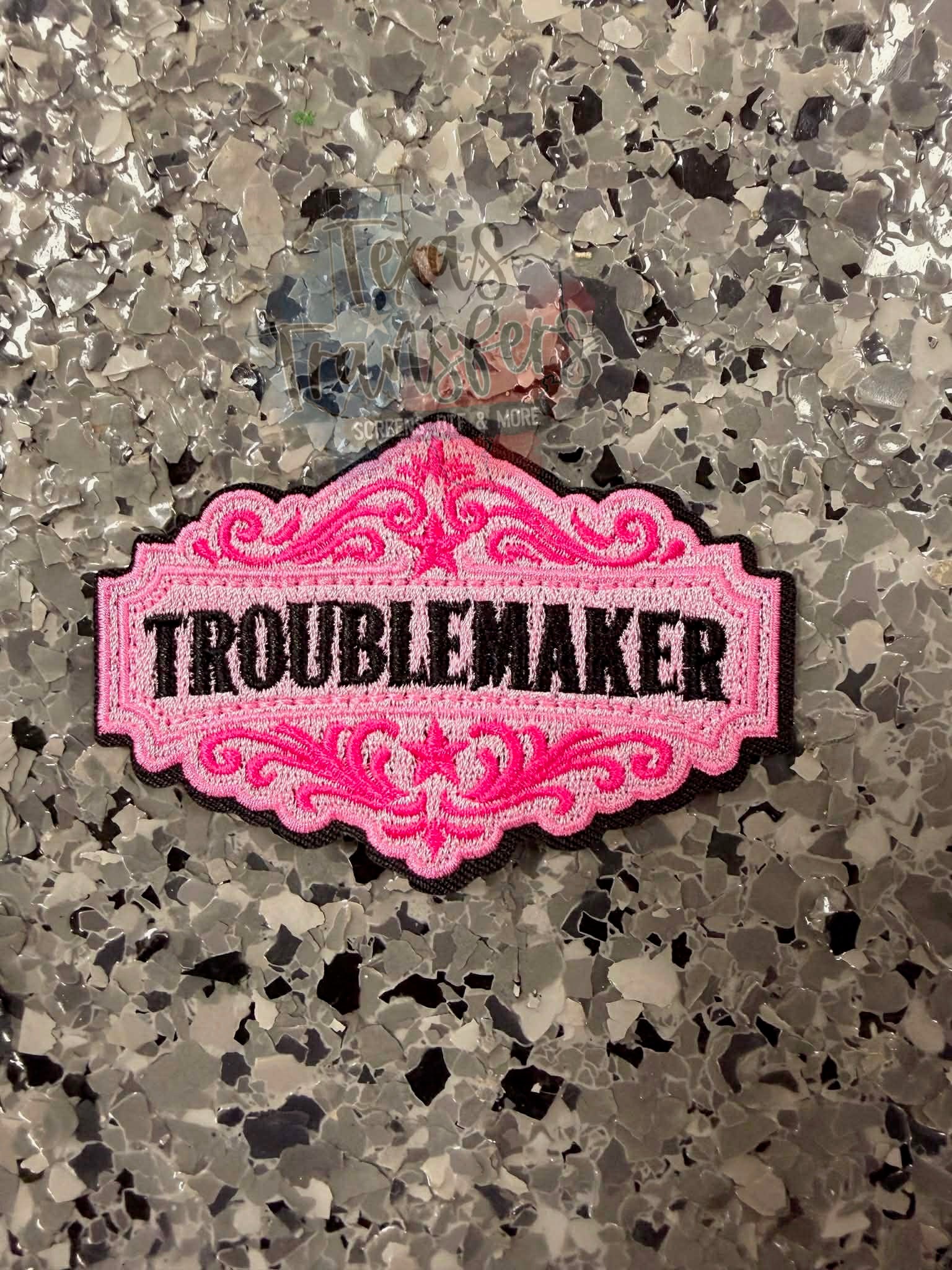 Troublemaker Pink Iron-On Patch - Texas Transfers and Designs