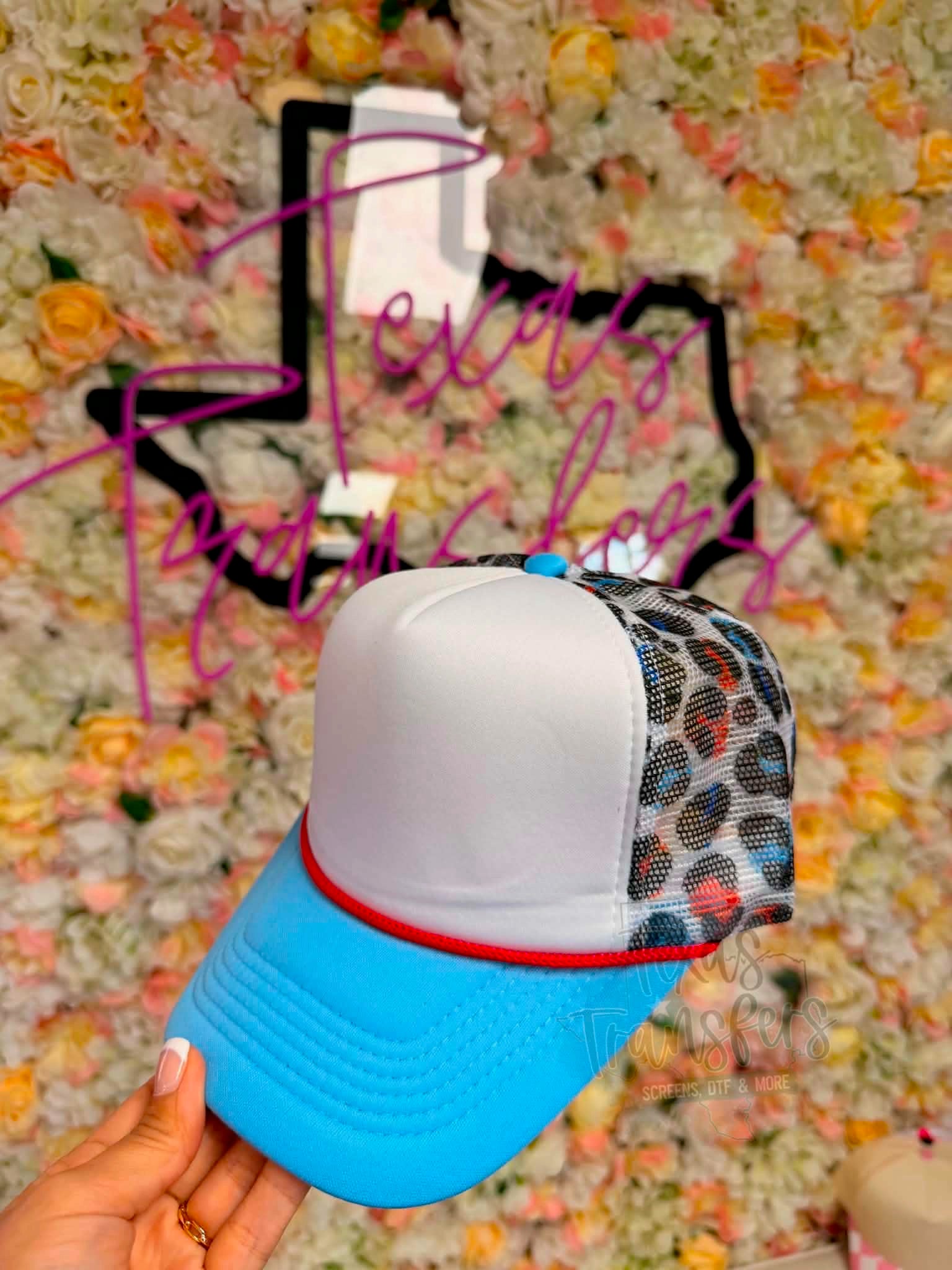 Red White Blue Leopard Trucker Hat - Texas Transfers and Designs