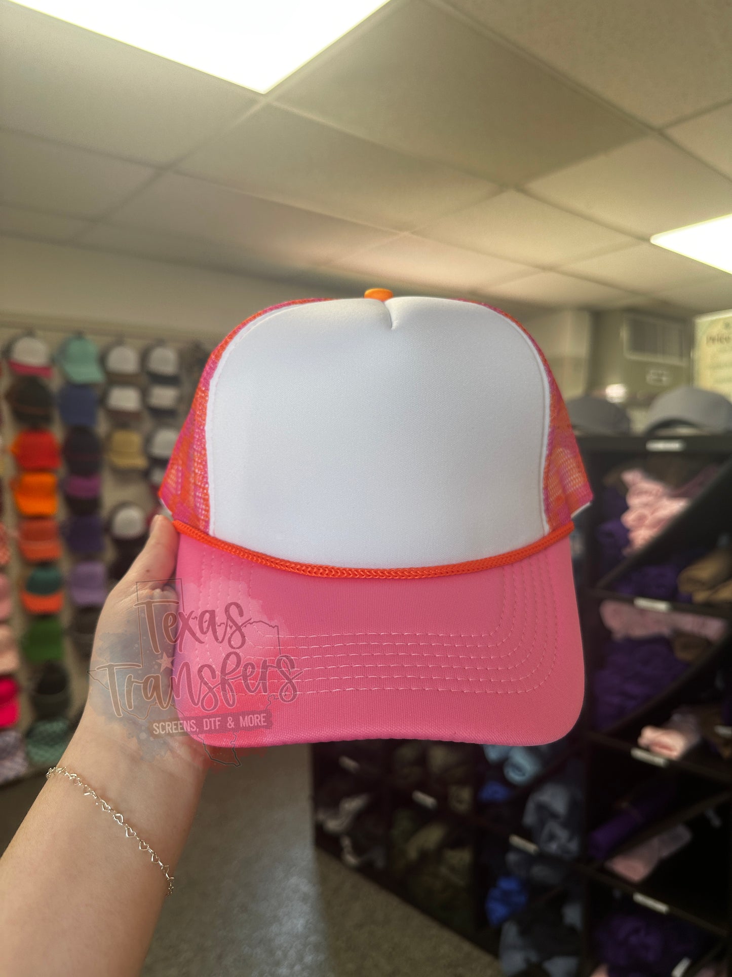 Pink/Orange Checker Back Trucker Hat (MULTIPLE OPTIONS) - Texas Transfers and Designs