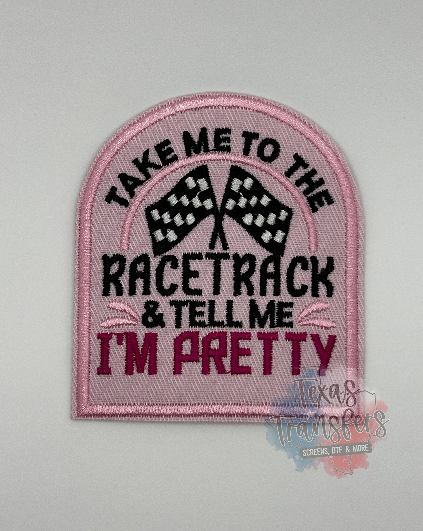 Take Me To The Racetrack RECTANGLE Iron-On PATCH - Texas Transfers and Designs