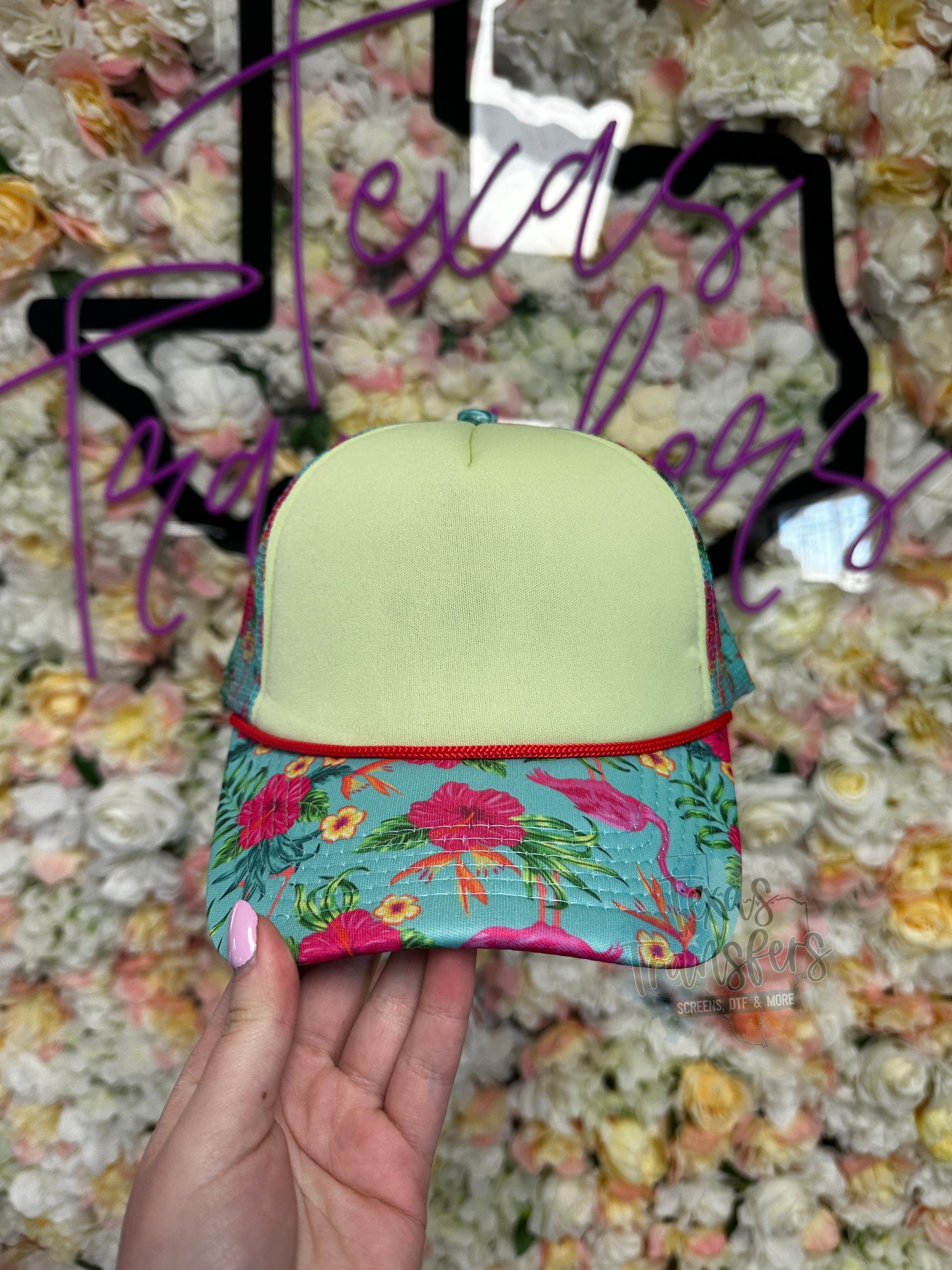 Flamingo/Green Trucker Hat - Texas Transfers and Designs