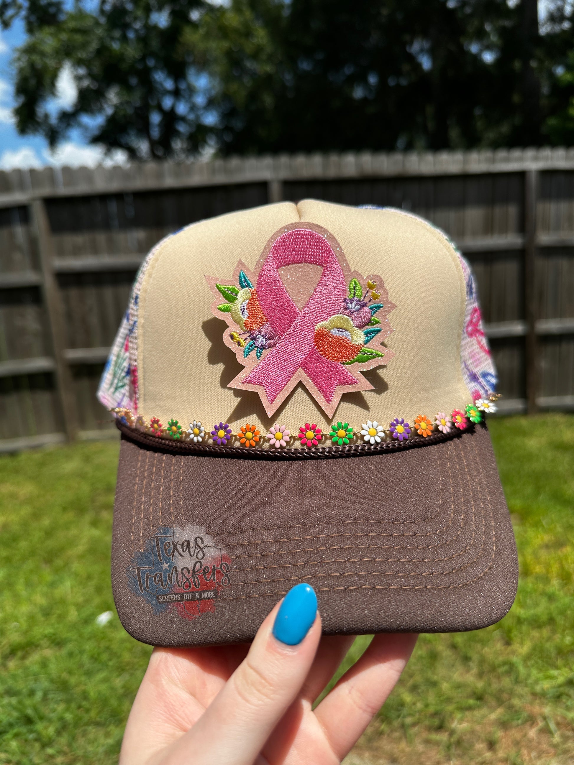 Floral Bow/Tan Trucker Hat - Texas Transfers and Designs