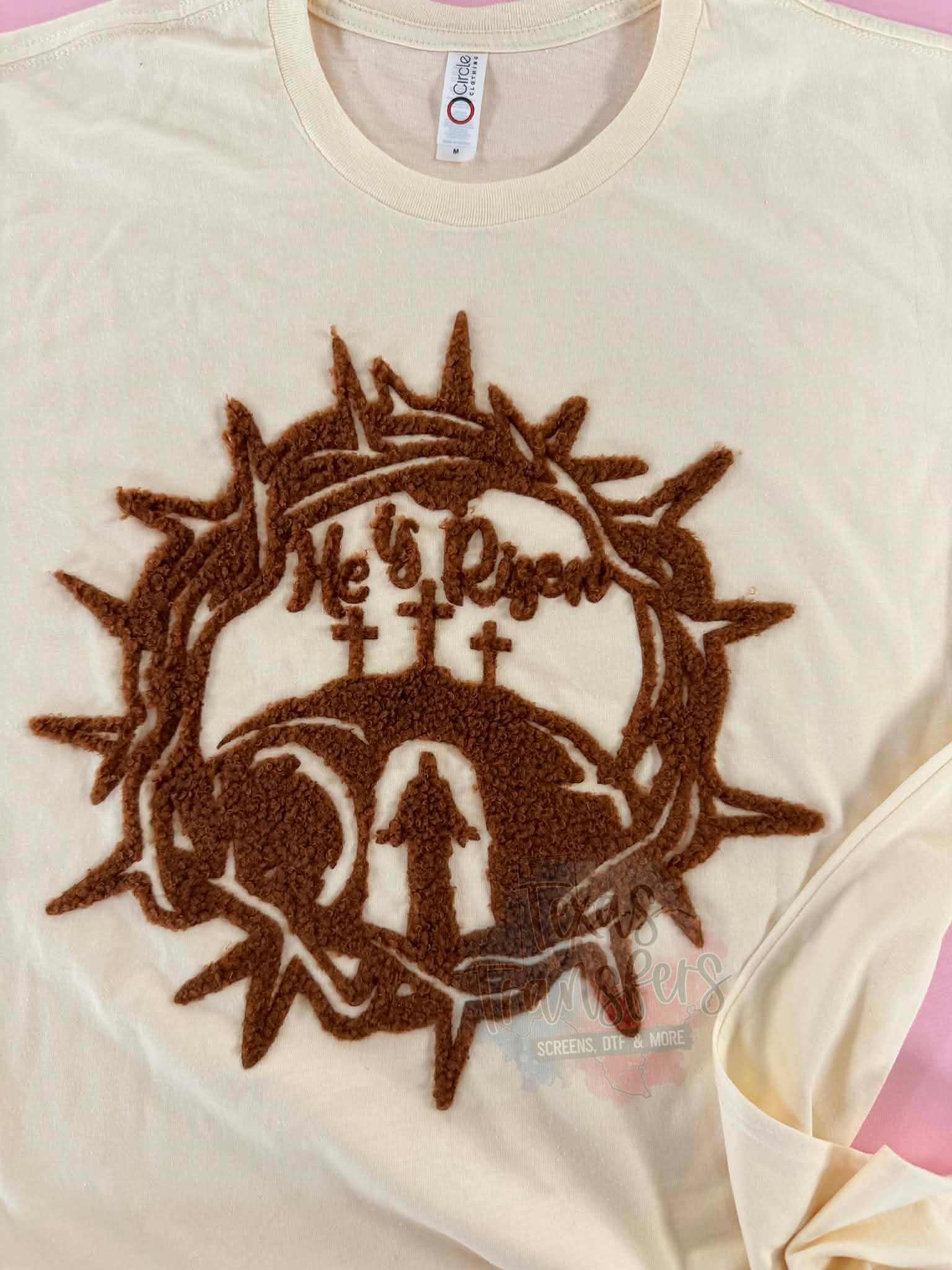 He is Risen Brown Fluffy Fuzzy XL Iron-On Patch - Texas Transfers and Designs