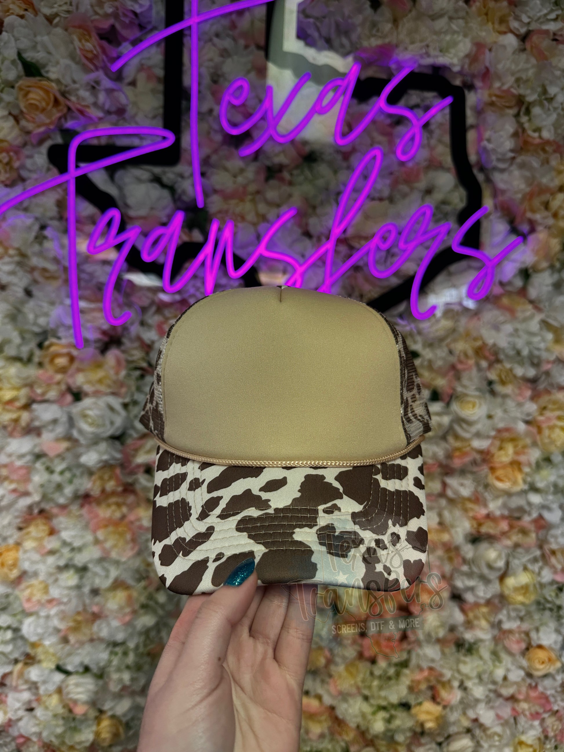 Cow Print/Tan Trucker Hat - Texas Transfers and Designs