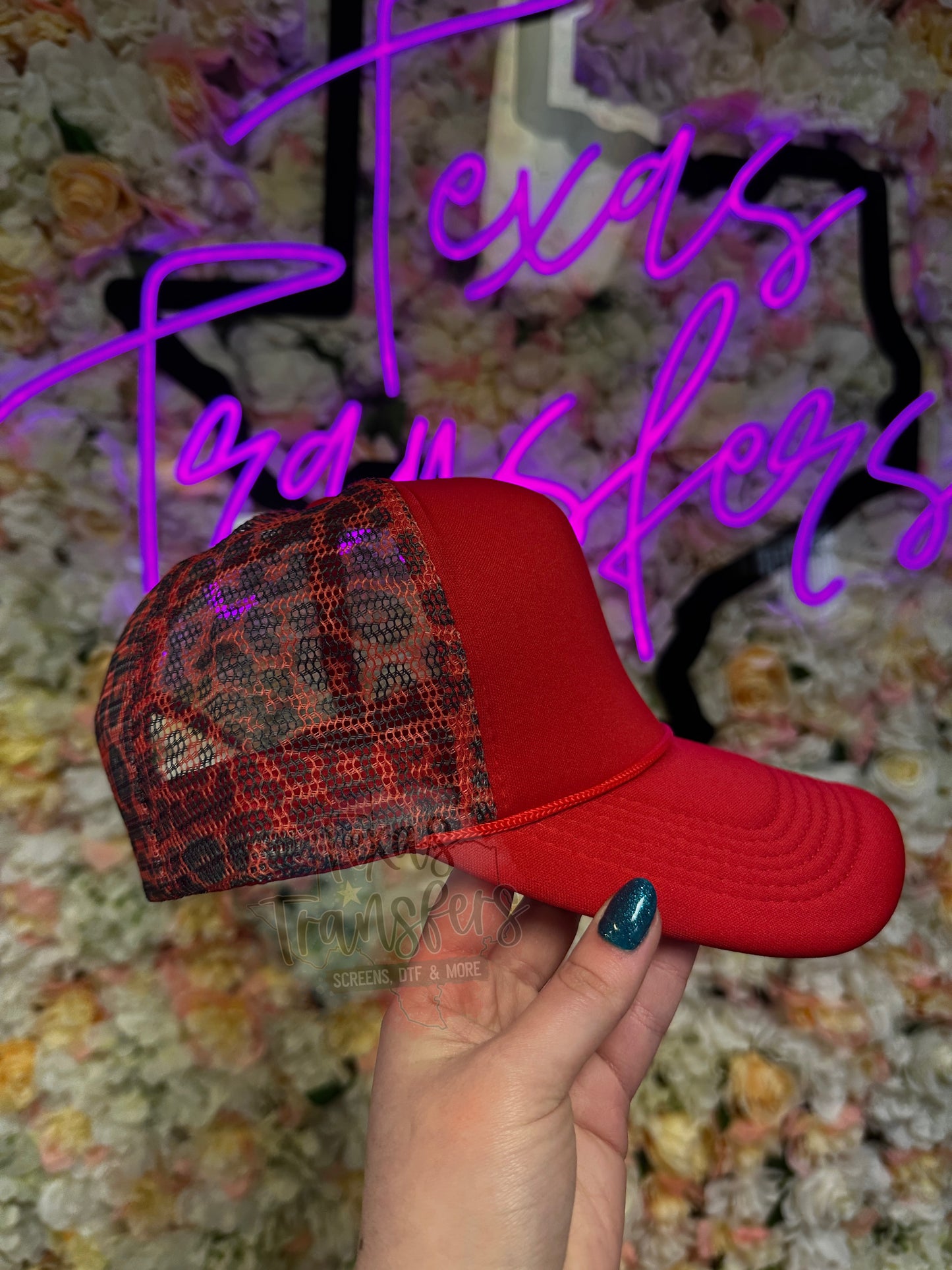Red Leopard Trucker Hat - Texas Transfers and Designs