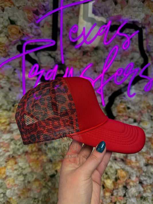Red Leopard Trucker Hat - Texas Transfers and Designs
