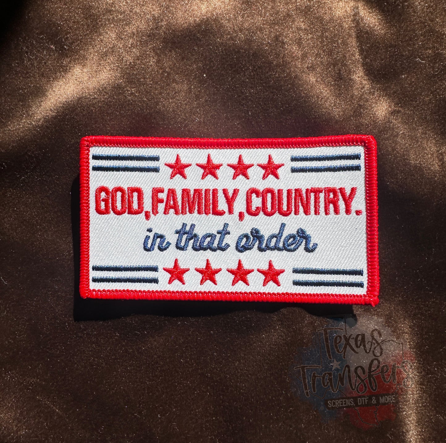 God, Family, Country Iron-On PATCH - Texas Transfers and Designs