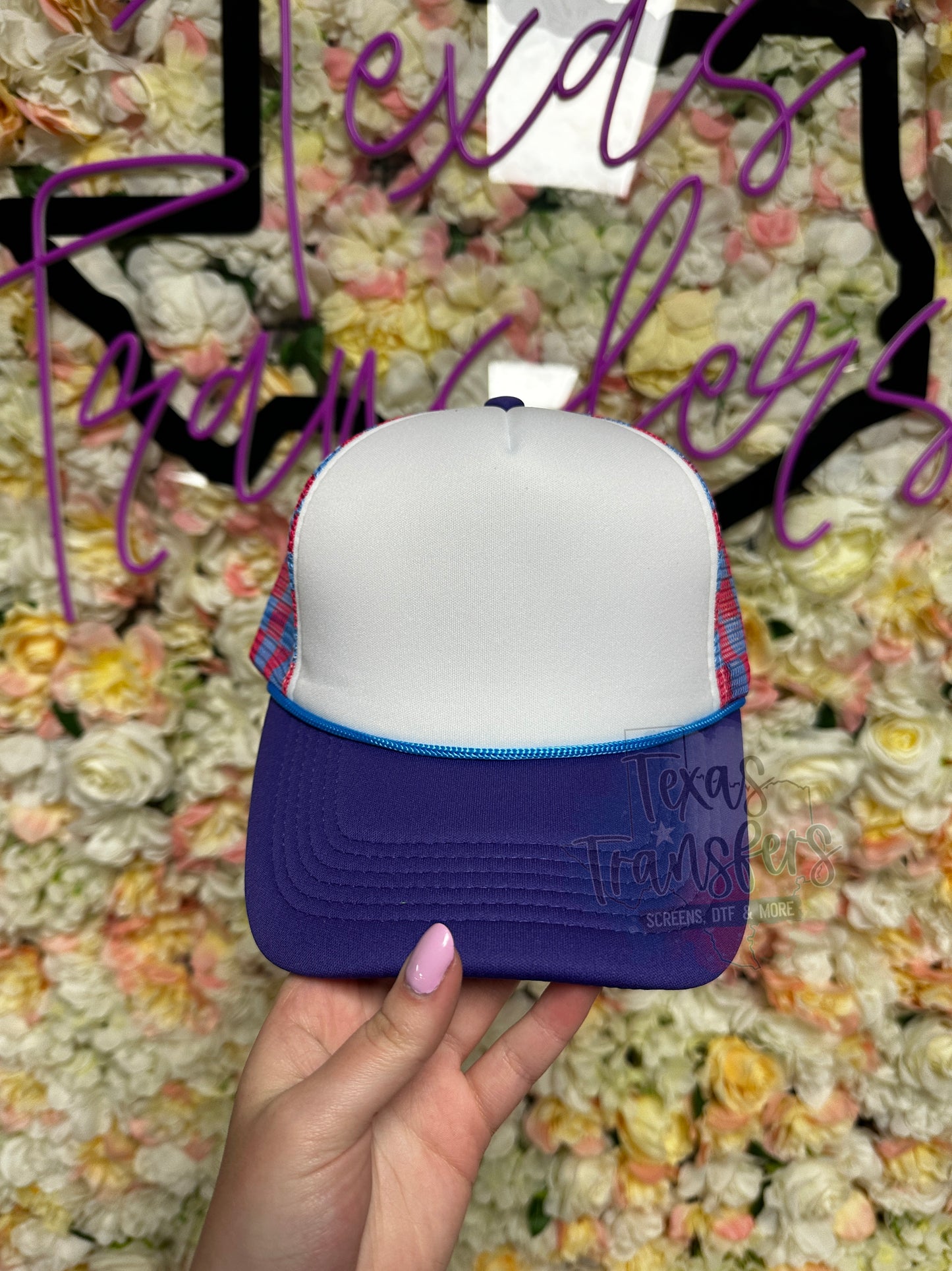 Pink and Blue Checker Trucker Hat - Texas Transfers and Designs