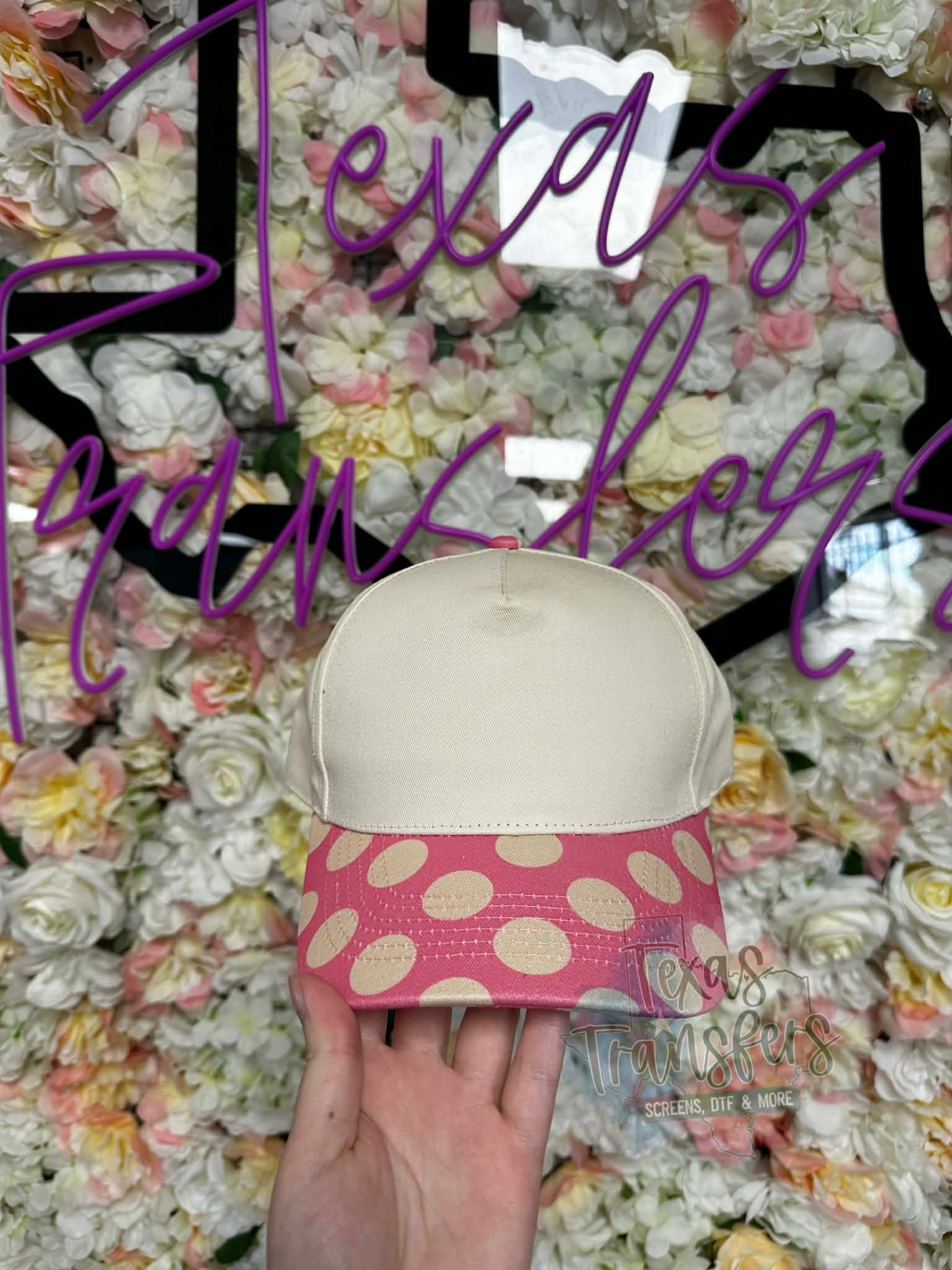 Pink and Cream Polka Dot Canvas Hat - Texas Transfers and Designs