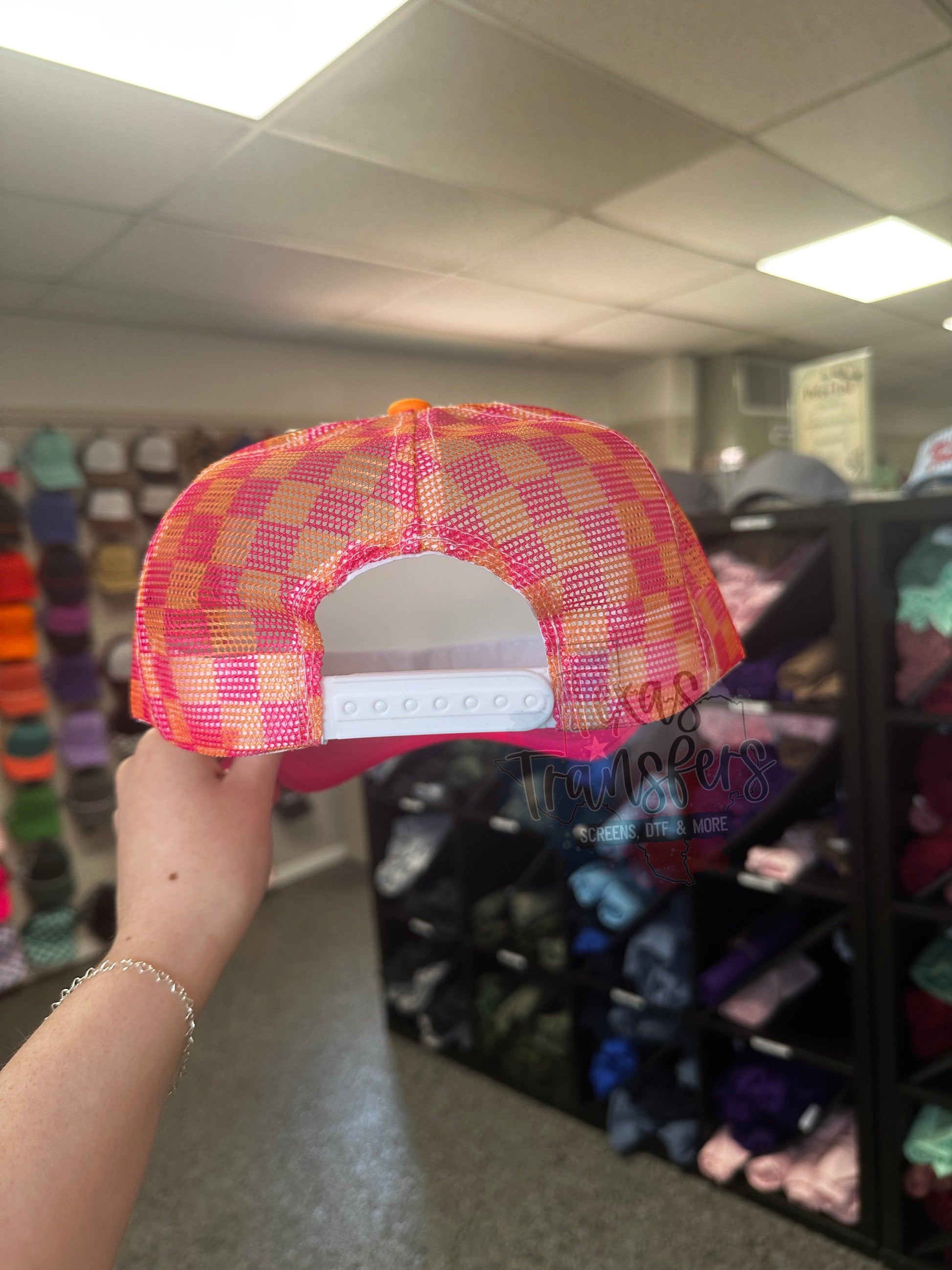 Pink/Orange Checker Back Trucker Hat (MULTIPLE OPTIONS) - Texas Transfers and Designs