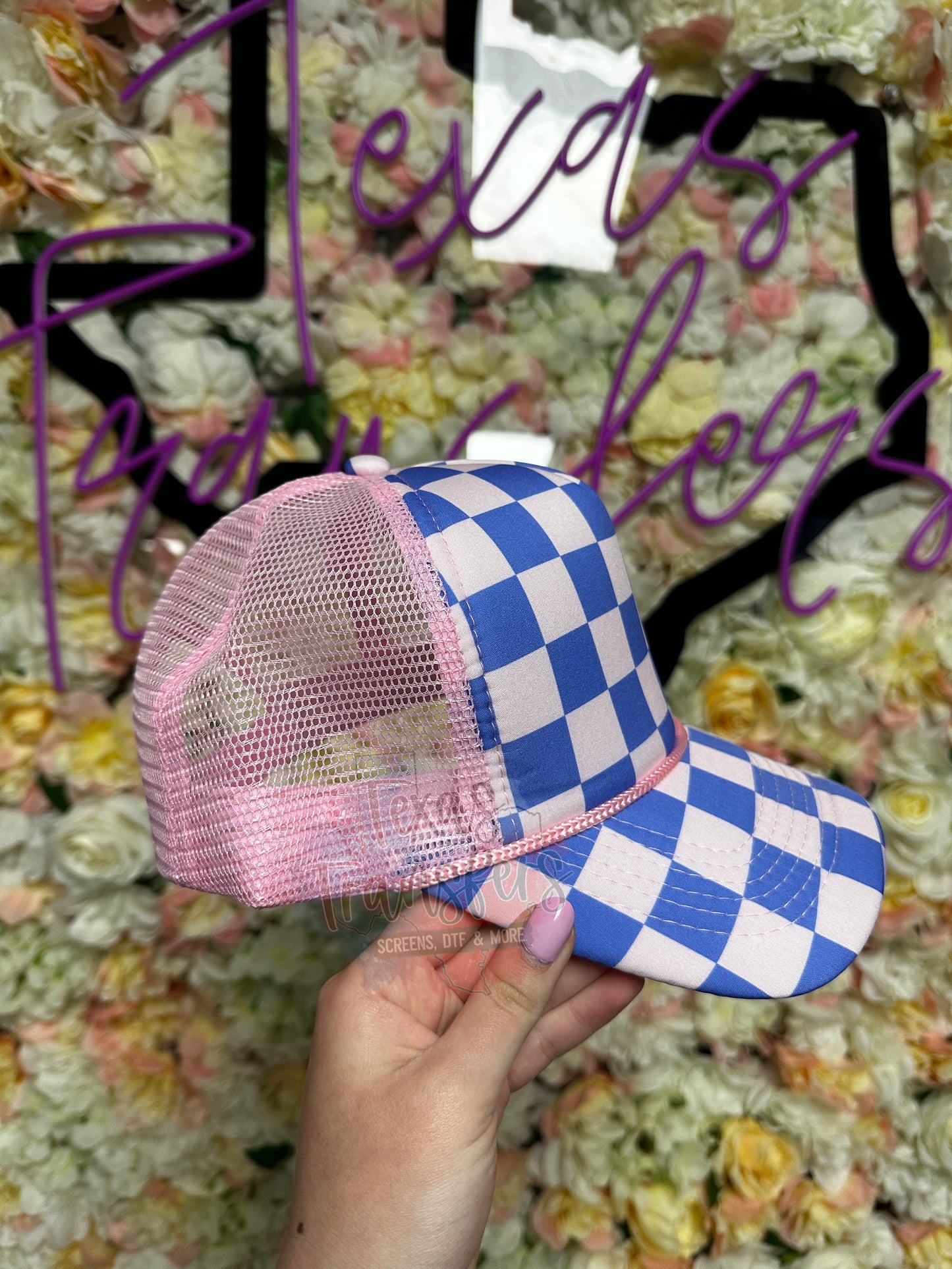 Pink/Blue Checker Front Trucker Hat - Texas Transfers and Designs