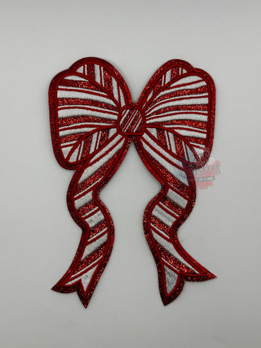 6" Peppermint Candy Cane Striped Bow Iron-On PATCH - Texas Transfers and Designs