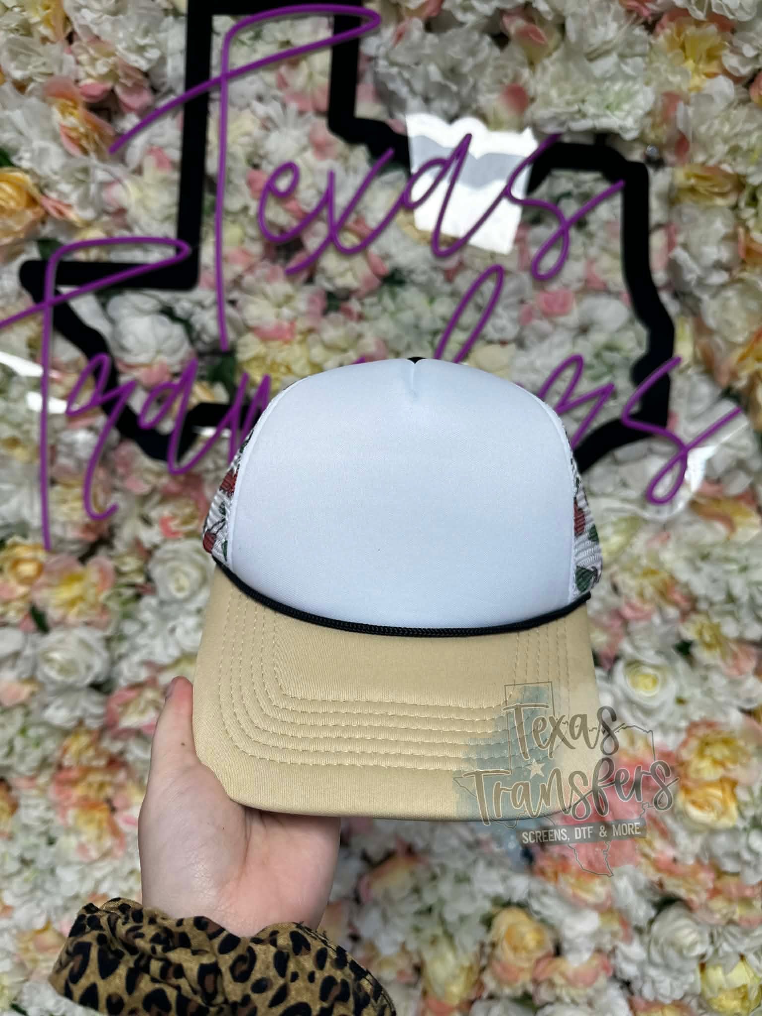 Cherry Tan Brimmed Trucker Hat - Texas Transfers and Designs