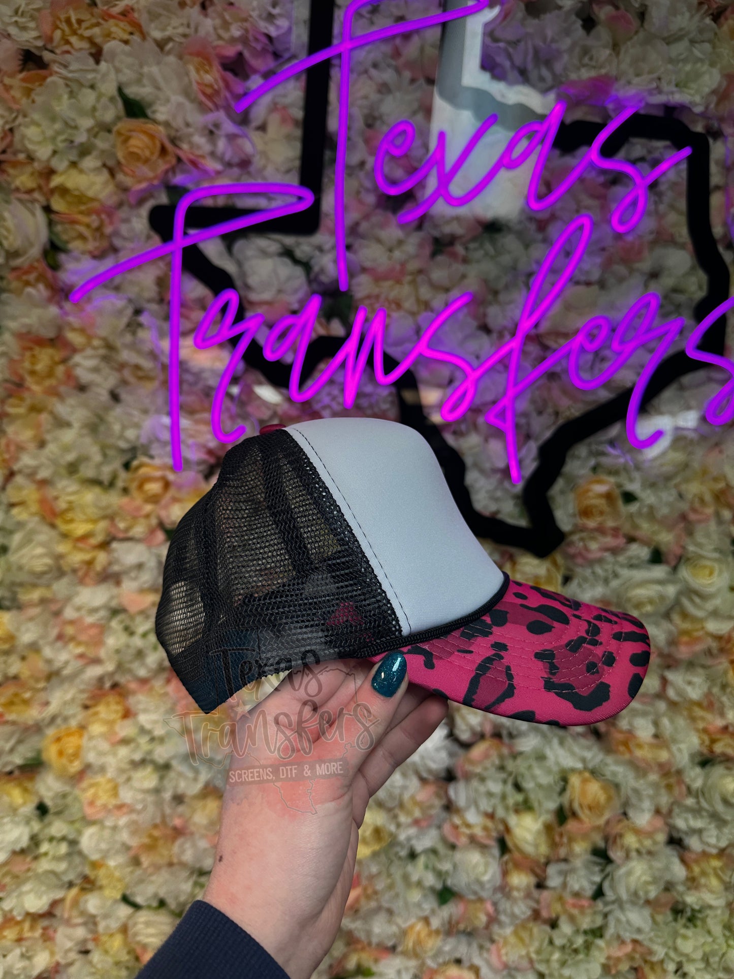 Hot Pink Leopard/Black Mesh Trucker Hat - Texas Transfers and Designs