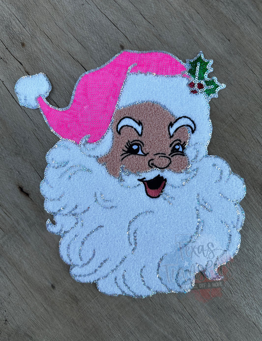 Sequin/Chenille Pink Santa XL Iron-On Patch - Texas Transfers and Designs