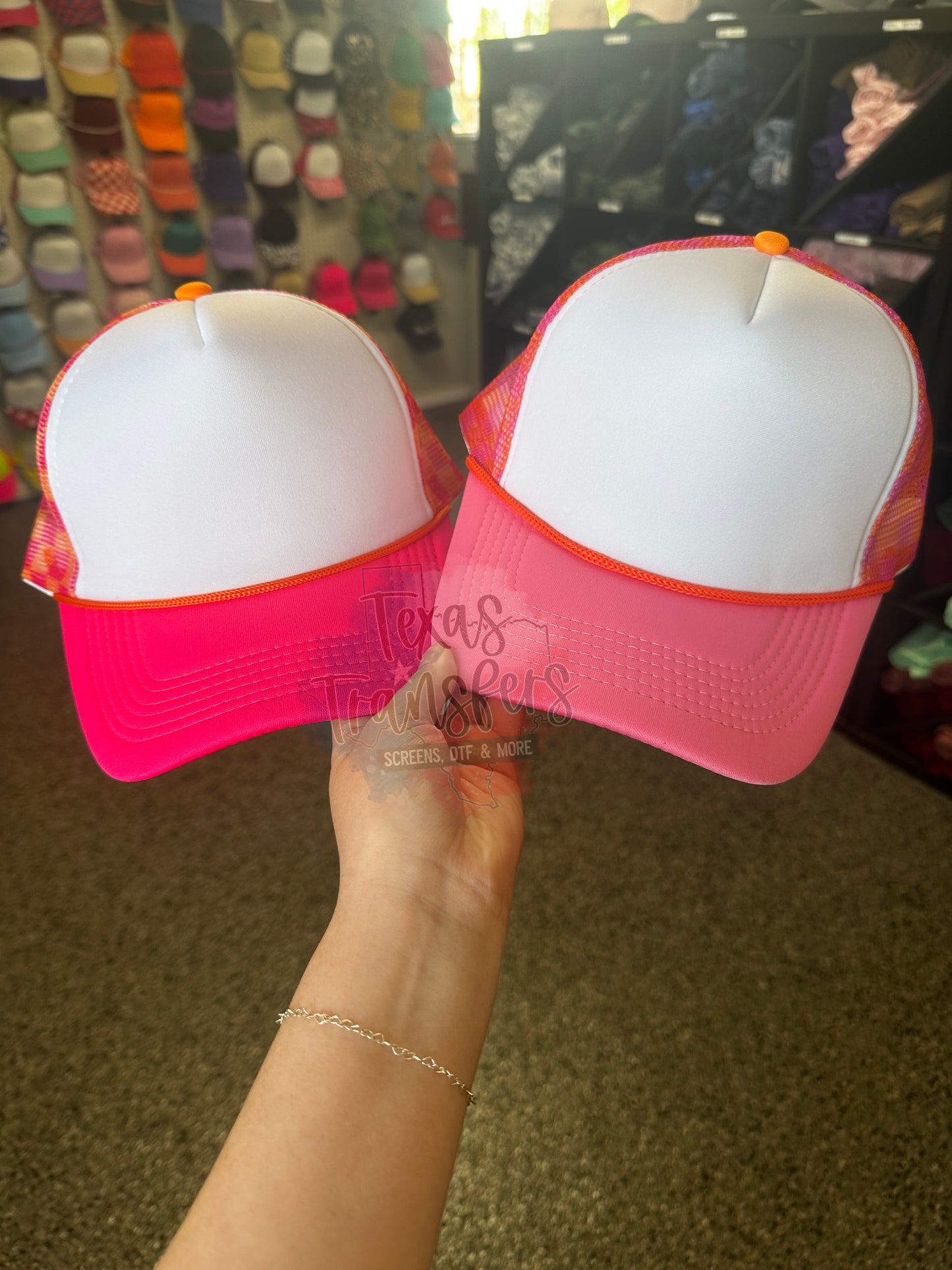 Pink/Orange Checker Back Trucker Hat (MULTIPLE OPTIONS) - Texas Transfers and Designs