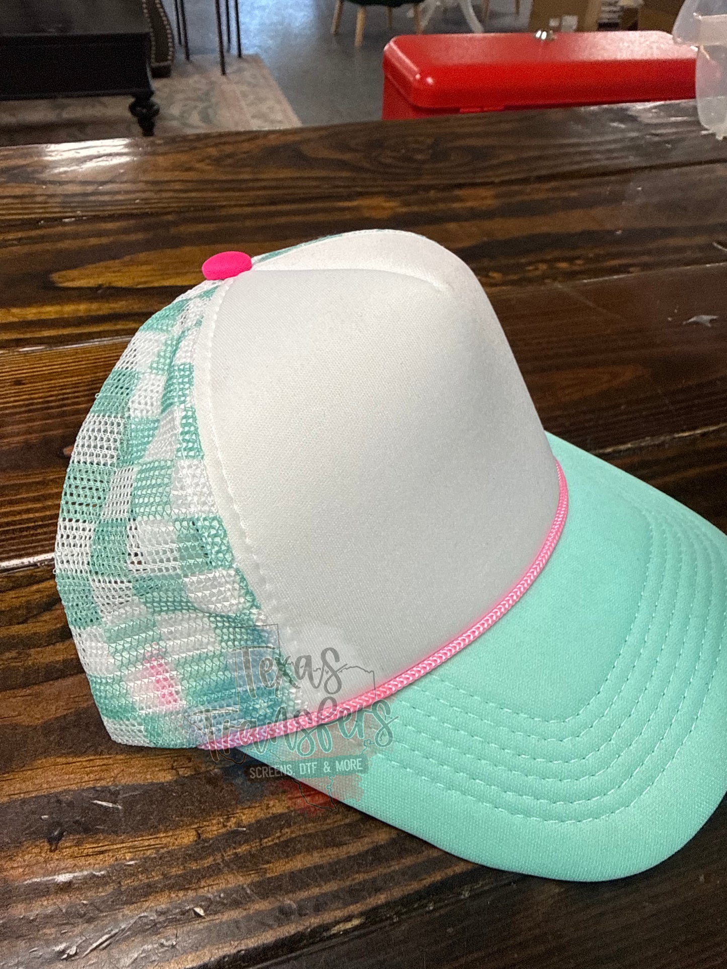 Mint/White Checker Trucker Hat