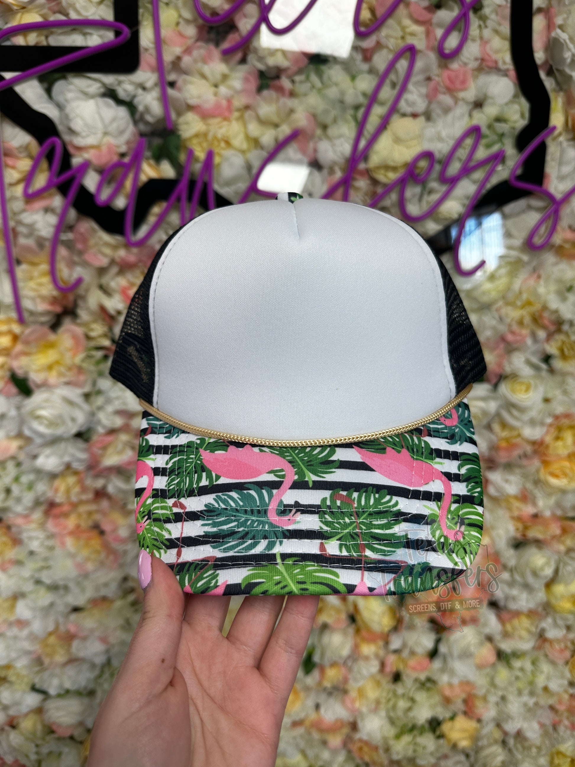 Striped Flamingo Brim Trucker Hat - Texas Transfers and Designs