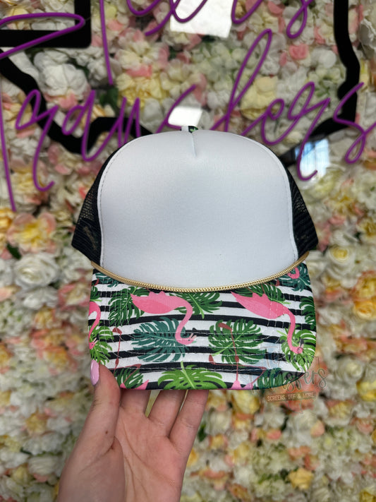 Striped Flamingo Brim Trucker Hat - Texas Transfers and Designs