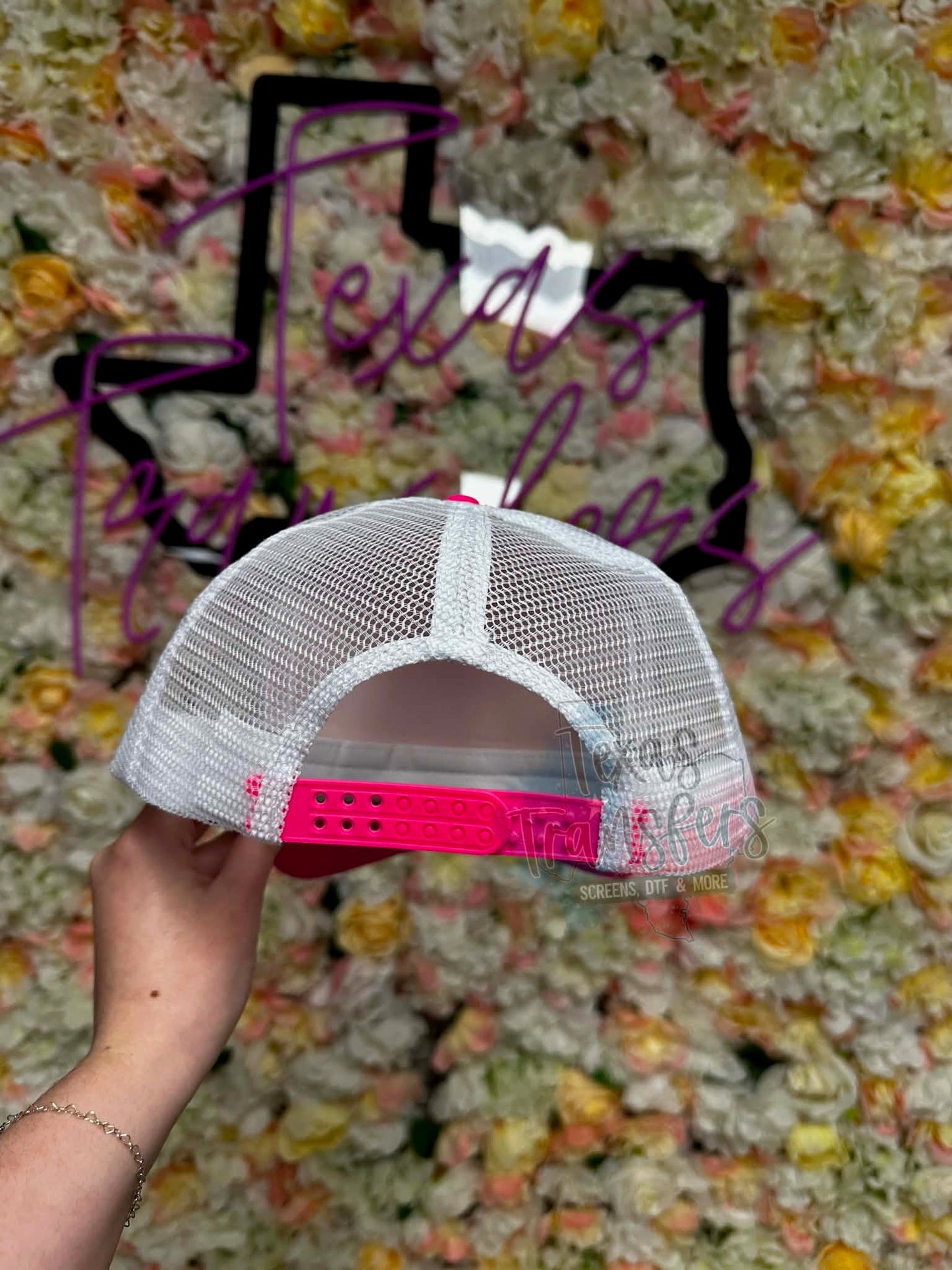 Neon Pink Double Embroidered Brim Trucker Hat - Texas Transfers and Designs