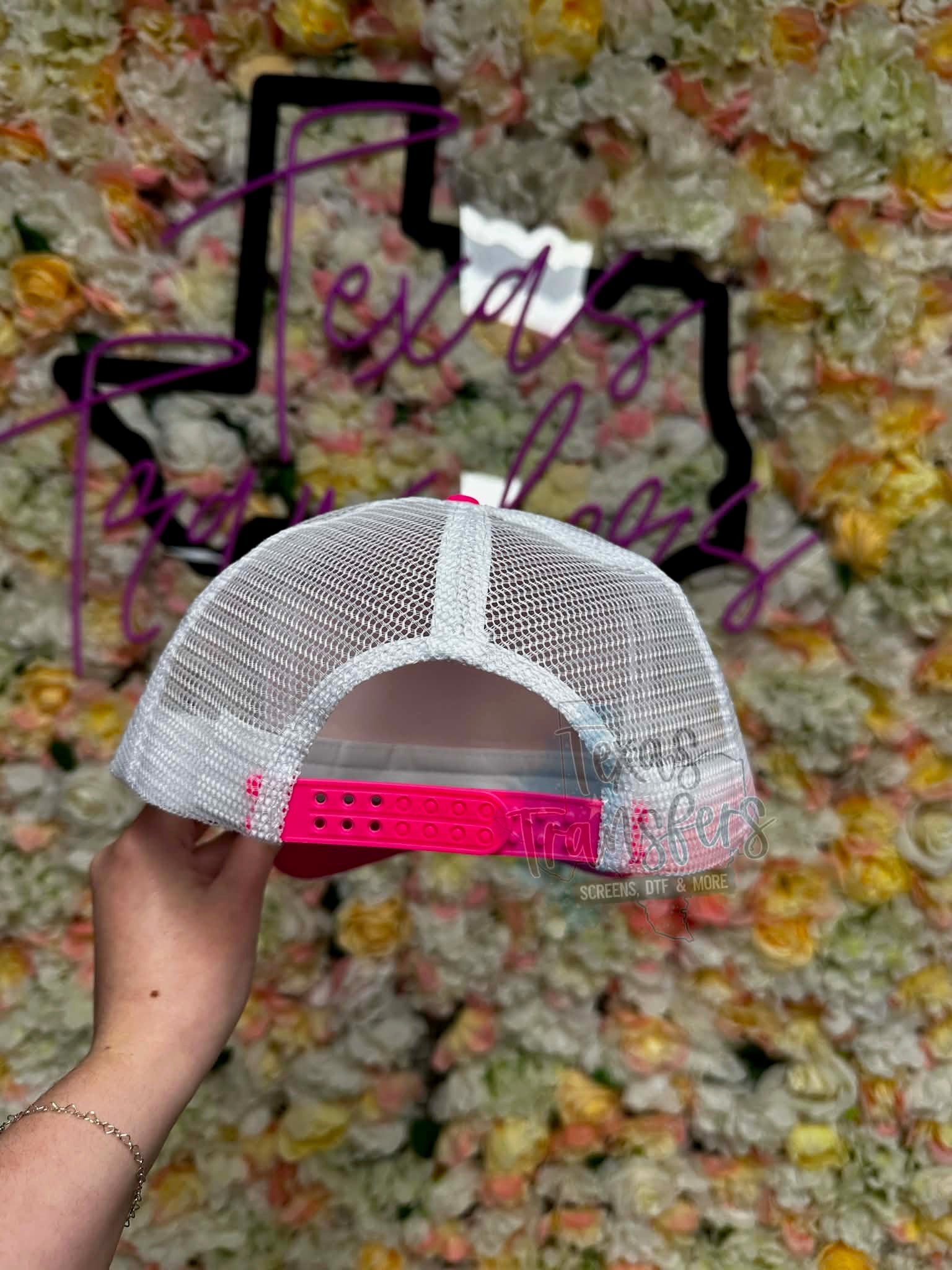 Neon Pink Double Embroidered Brim Trucker Hat - Texas Transfers and Designs
