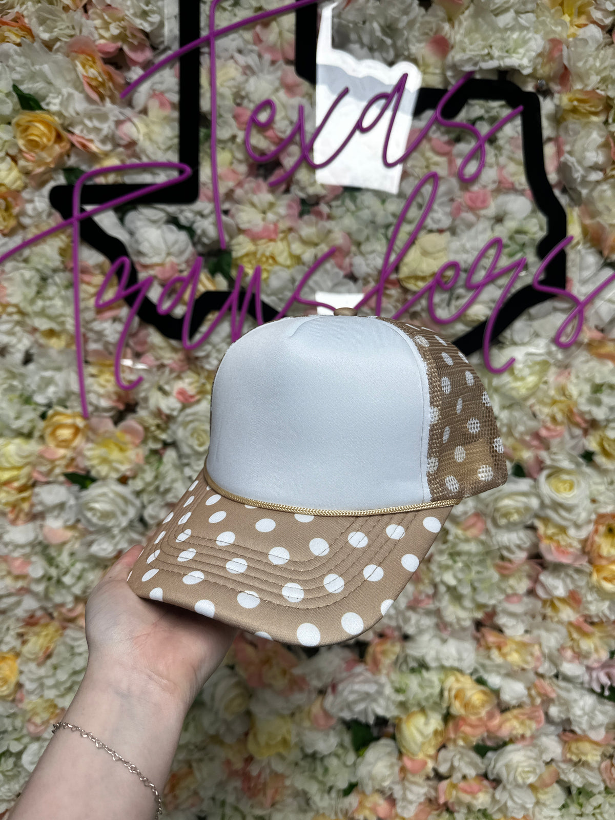 Khaki Polka Dot Brim Trucker Hat