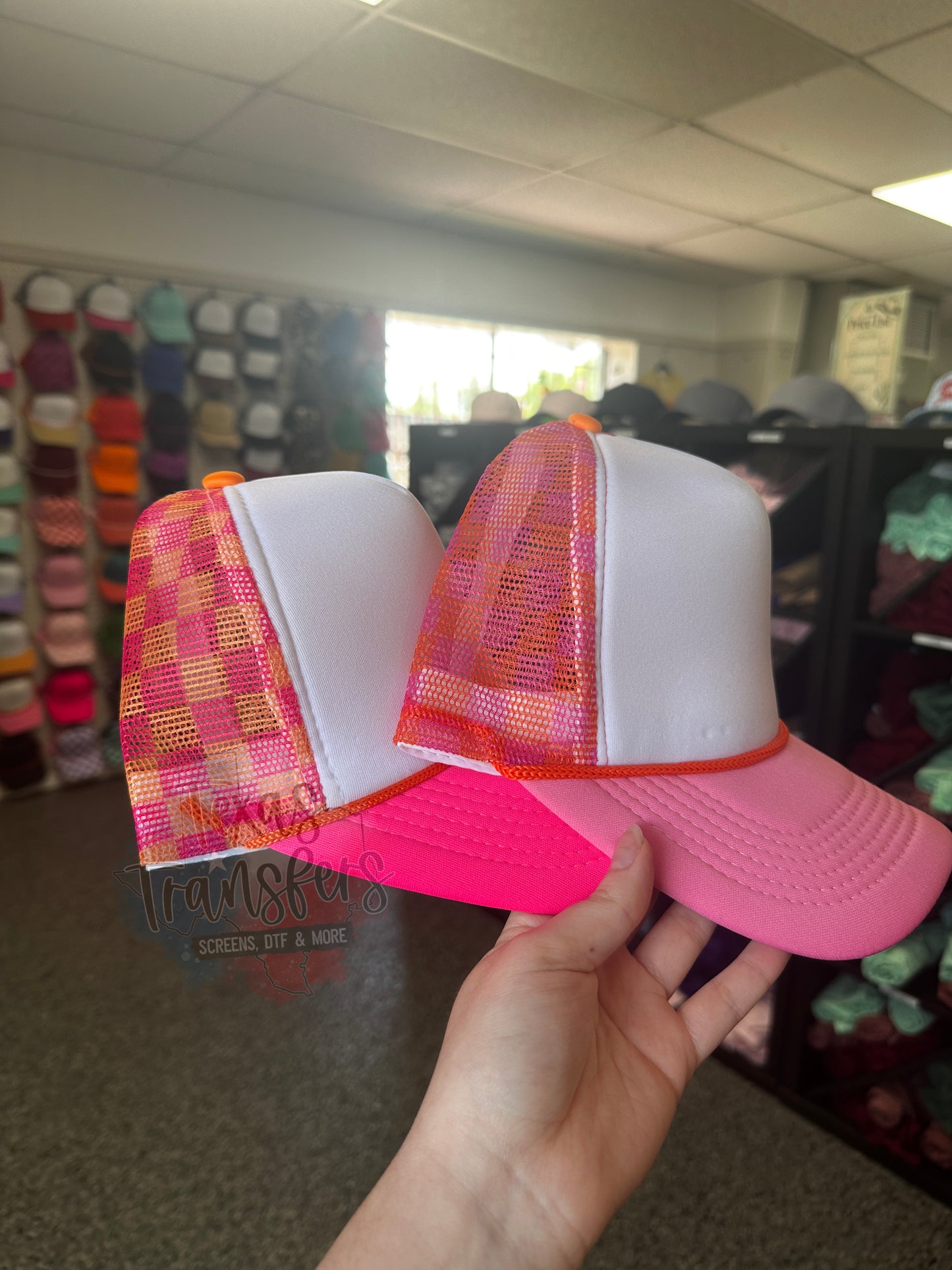 Pink/Orange Checker Back Trucker Hat (MULTIPLE OPTIONS) - Texas Transfers and Designs