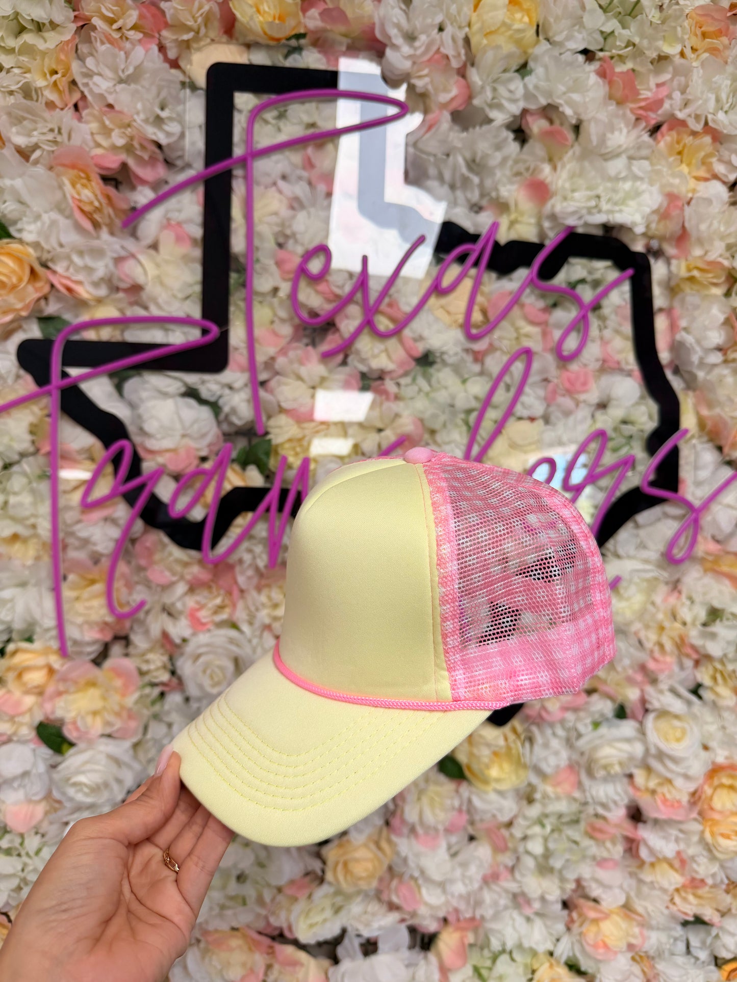 Light Yellow and Pink Checkered Mesh Trucker Hat