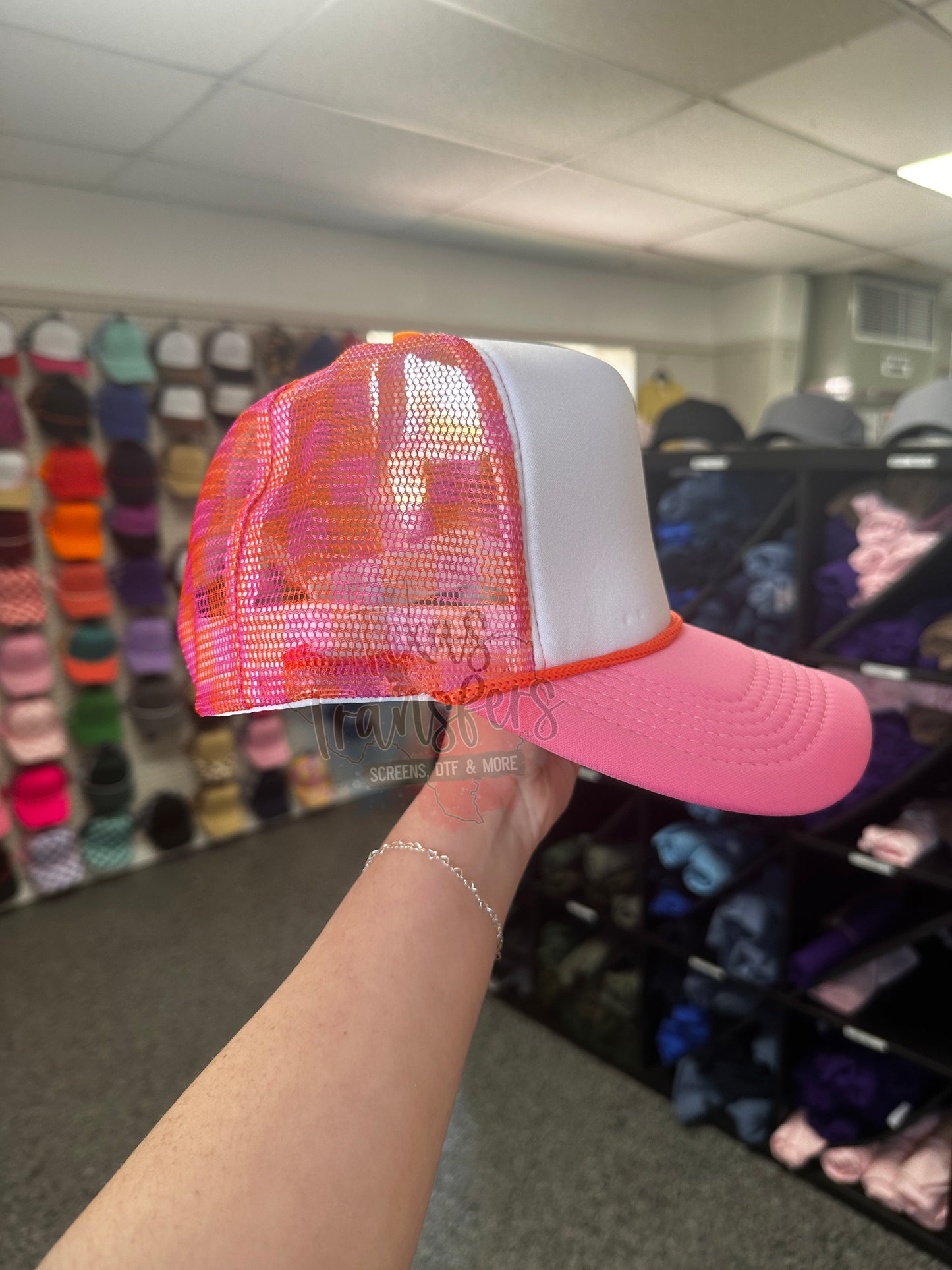Pink/Orange Checker Back Trucker Hat (MULTIPLE OPTIONS) - Texas Transfers and Designs