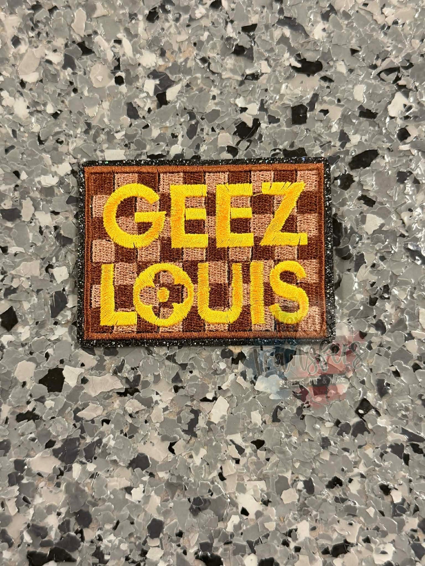 Geez Louis Checkered Iron-On Patch - Texas Transfers and Designs