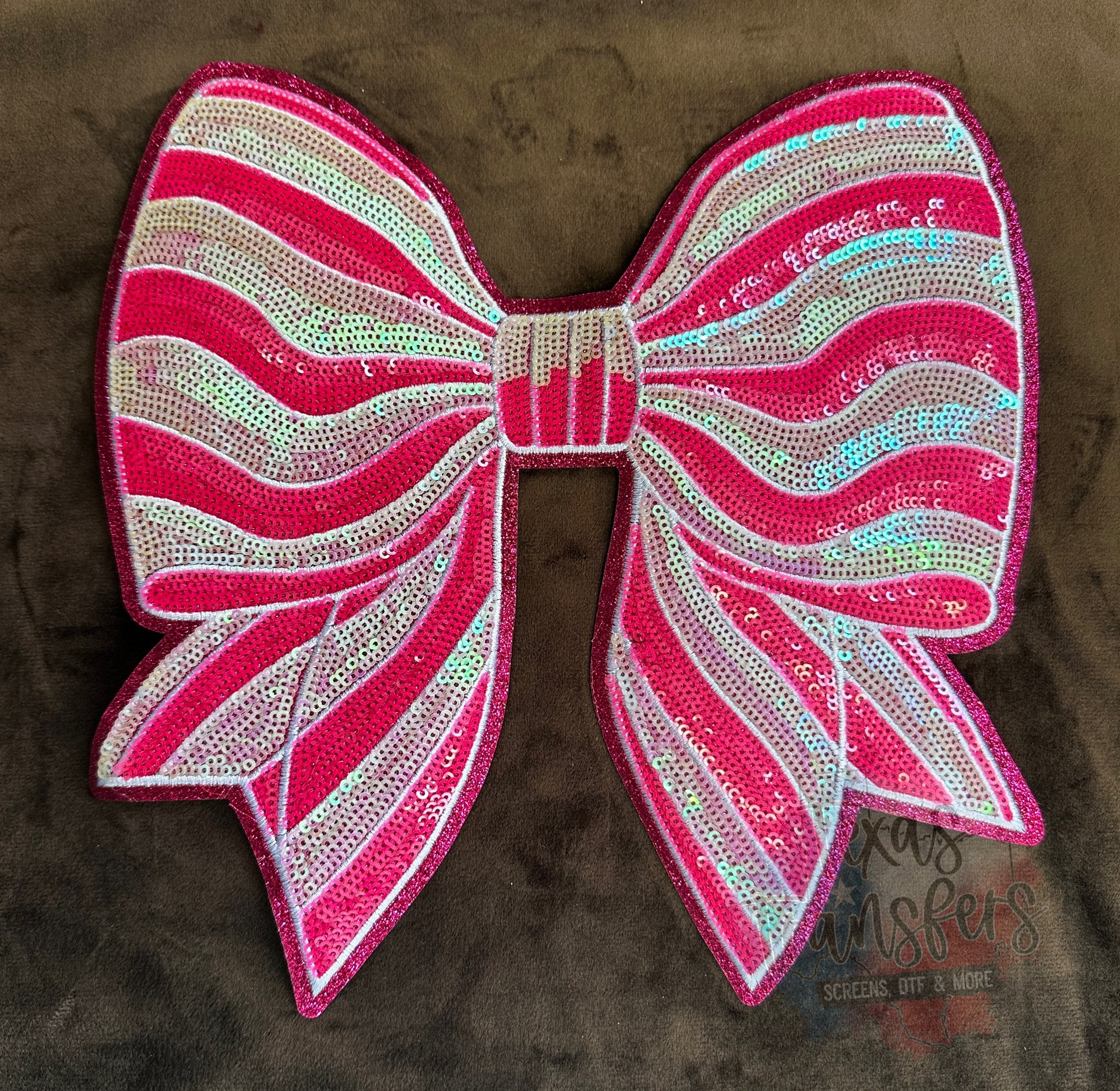 Candy Cane Bow (Pink) Sequin XL Iron-On Patch - Texas Transfers and Designs