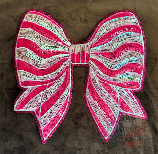 Candy Cane Bow (Pink) Sequin XL Iron-On Patch - Texas Transfers and Designs