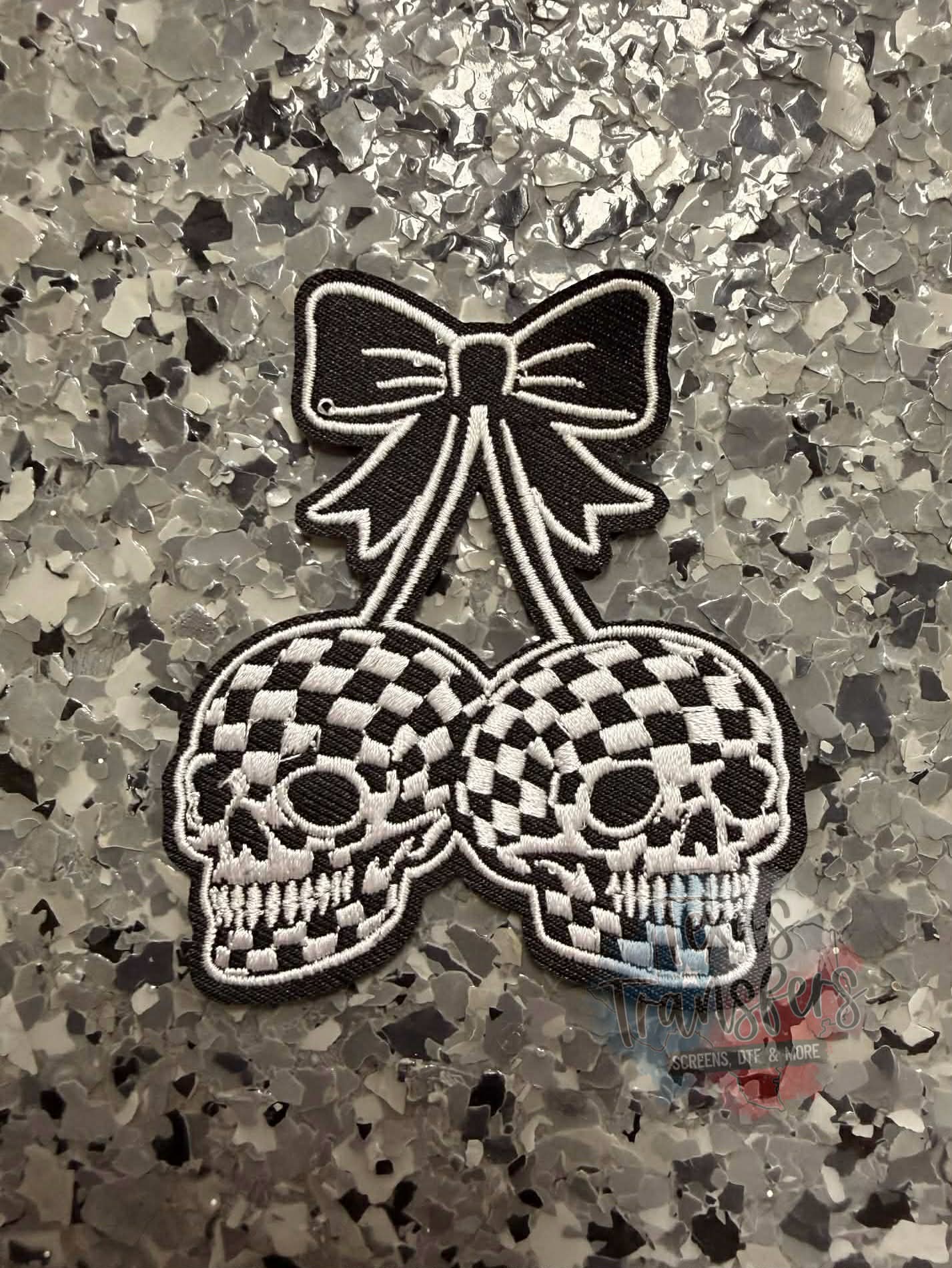 Skull Checkered Cherries Iron-On Patch - Texas Transfers and Designs