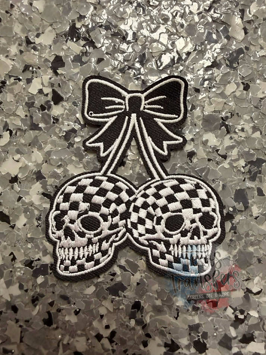 Skull Checkered Cherries Iron-On Patch - Texas Transfers and Designs