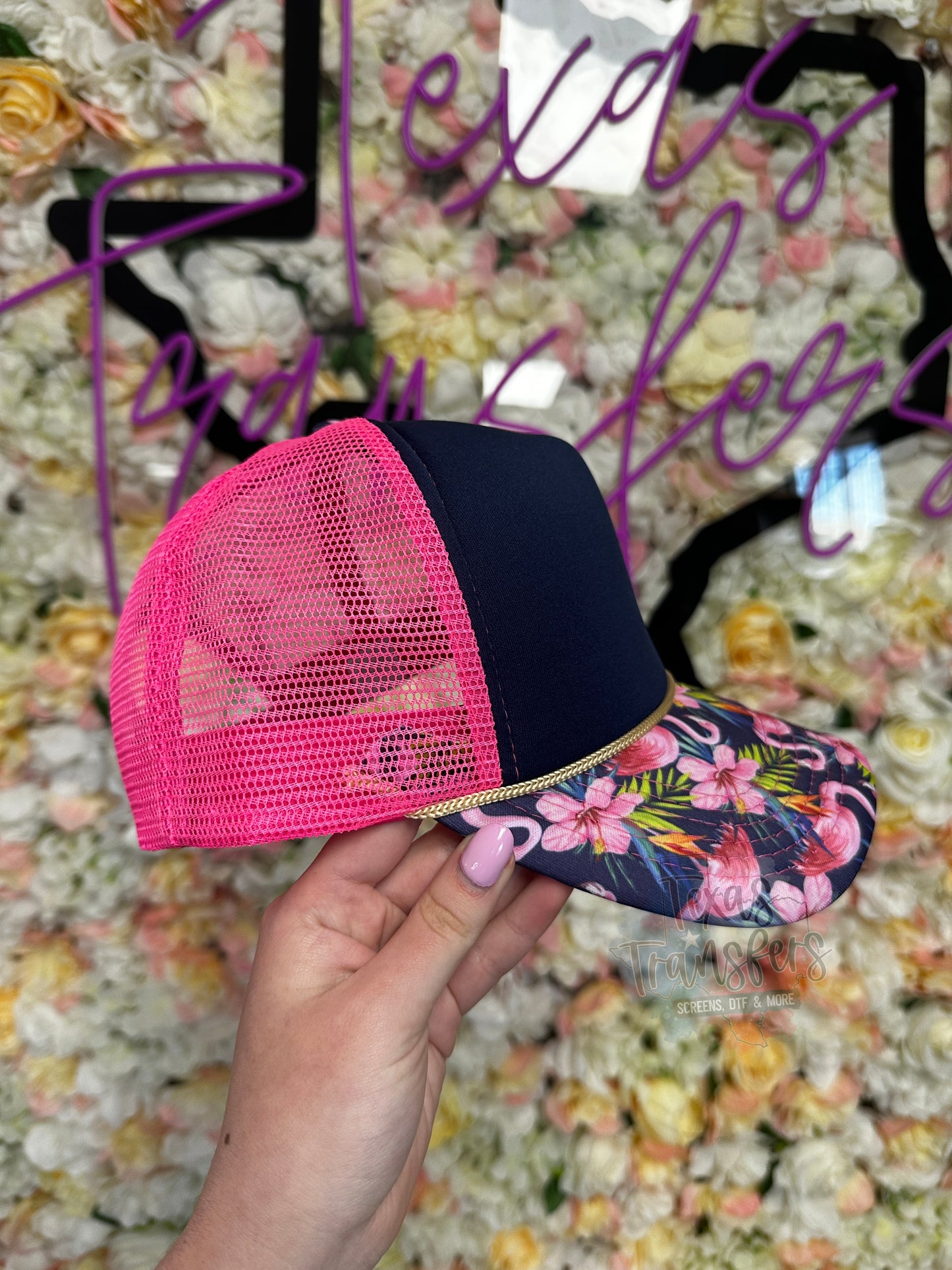 Navy/Pink Flamingo Brim Trucker Hat - Texas Transfers and Designs