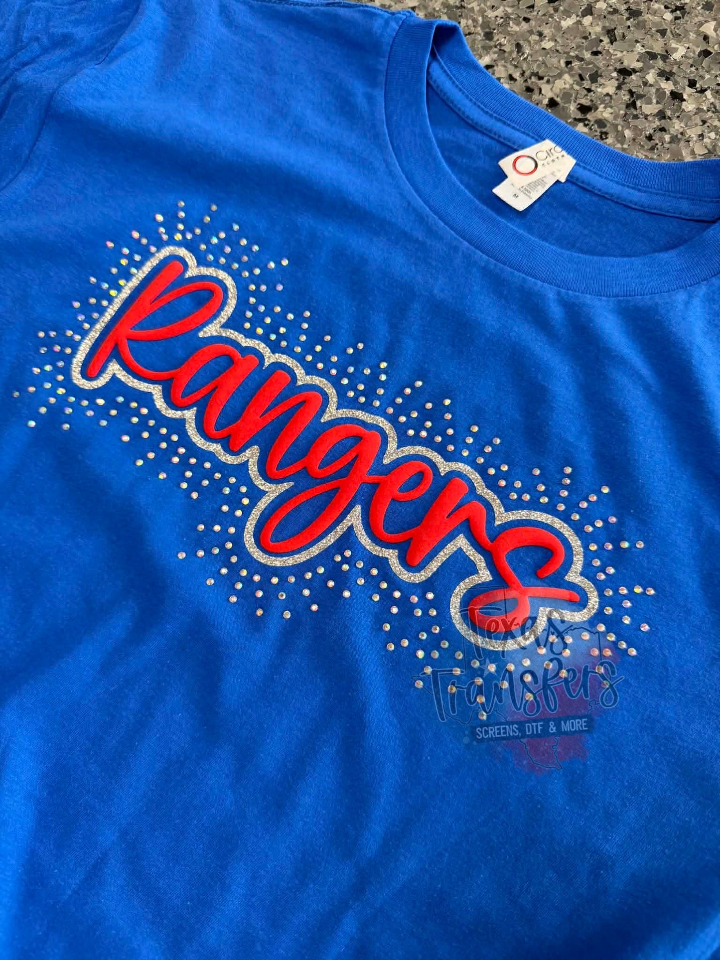 Rangers Glitter/Puff/Rhinestone XL Iron-On Patch - Texas Transfers and Designs