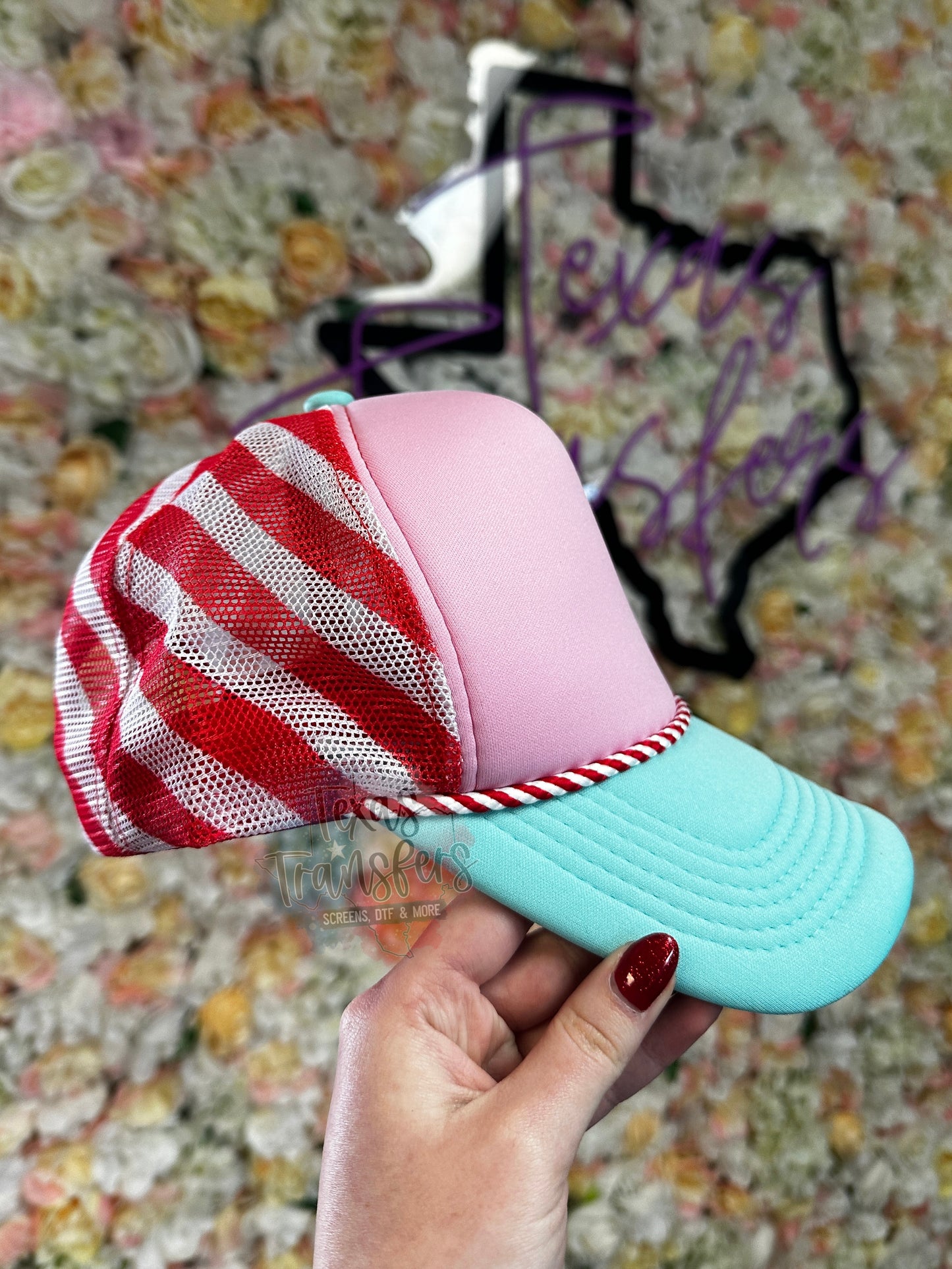 Pink/Mint Candy Cane Trucker Hat