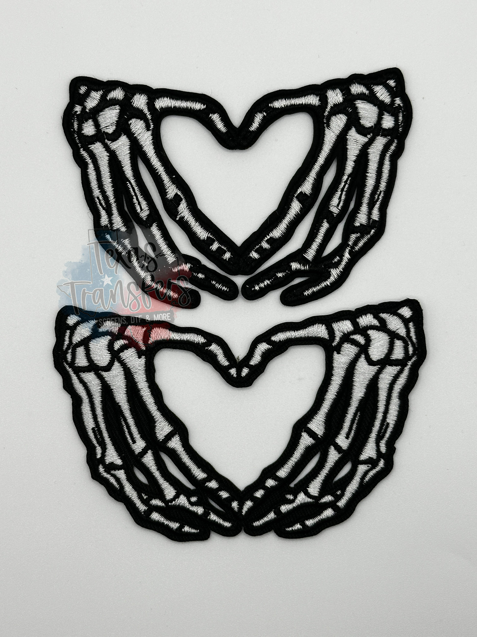 Skeleton Heart Hands Iron- On Patch - Texas Transfers and Designs