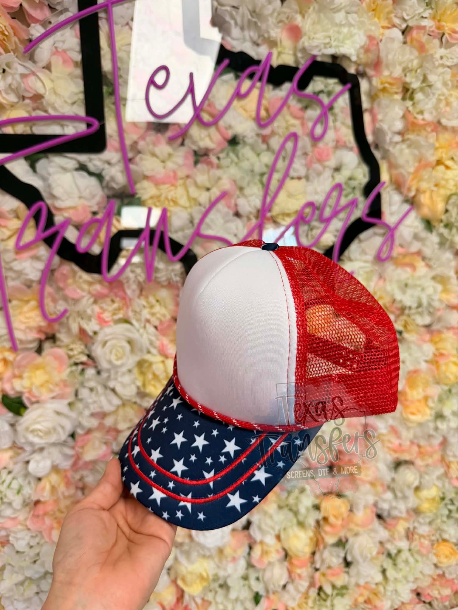 Red/White/Blue Star Brim Double Embroidery Trucker Hat - Texas Transfers and Designs