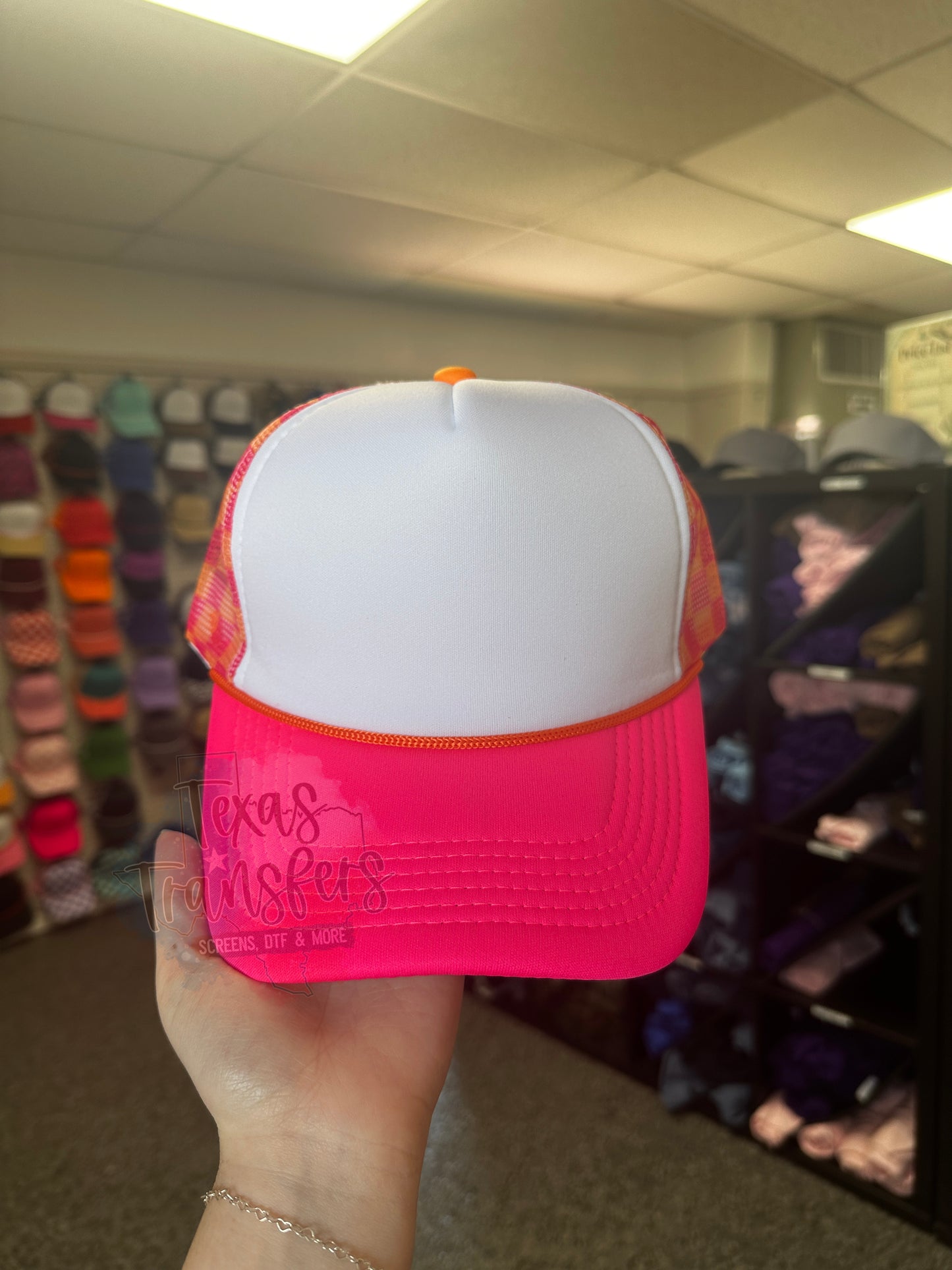 Pink/Orange Checker Back Trucker Hat (MULTIPLE OPTIONS) - Texas Transfers and Designs