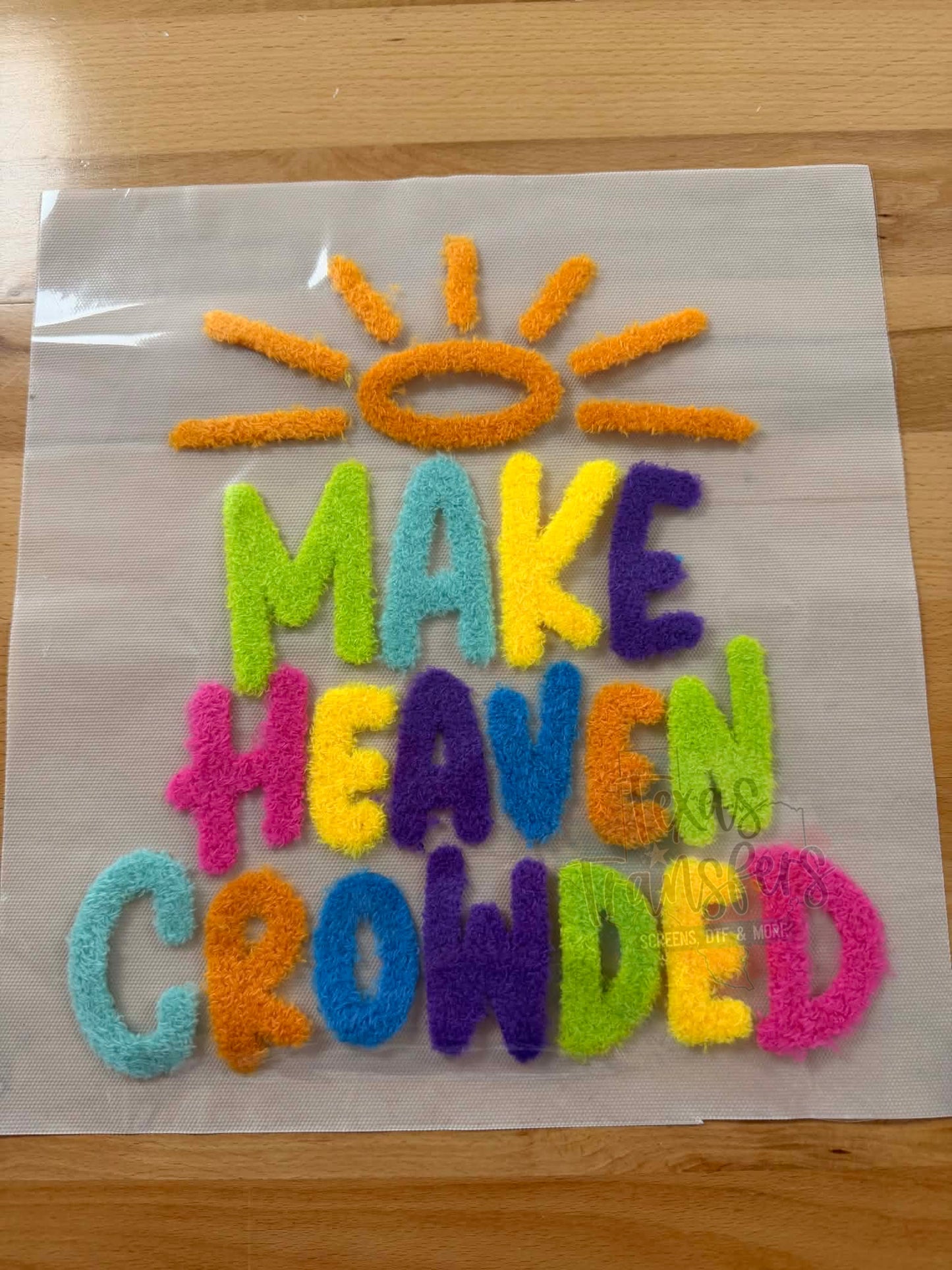 Make Heaven Crowded Fluffy Fuzzy XL Iron-On Patch - Texas Transfers and Designs