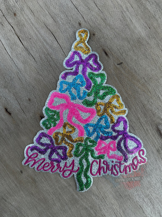 Merry Christmas Bow Tree Sequin XL Iron-On Patch - Texas Transfers and Designs