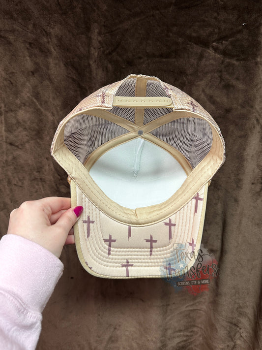 Tan/White Cross Trucker Hat