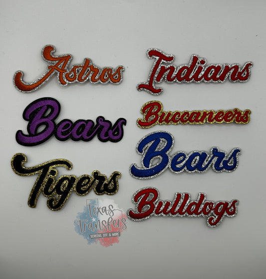 Glitter Mascot CURSIVE Iron-On PATCH (Multiple Options) - Texas Transfers and Designs