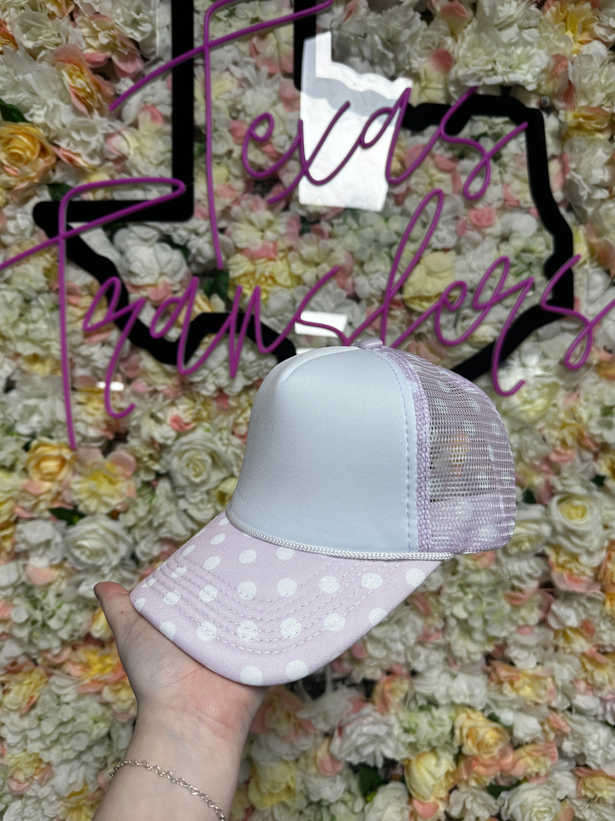 Lavender Polka Dot Brim Trucker Hat