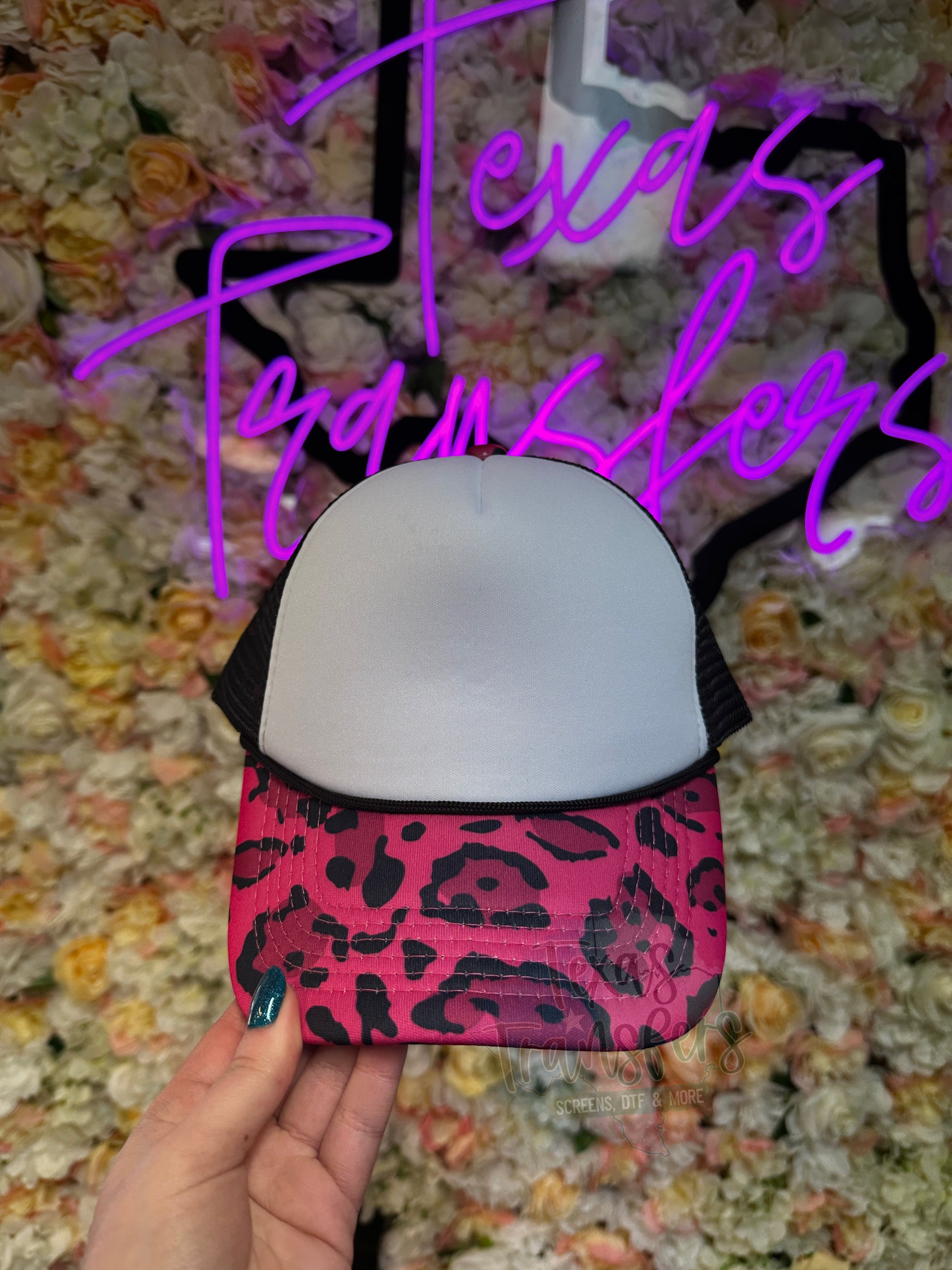 Hot Pink Leopard/Black Mesh Trucker Hat - Texas Transfers and Designs