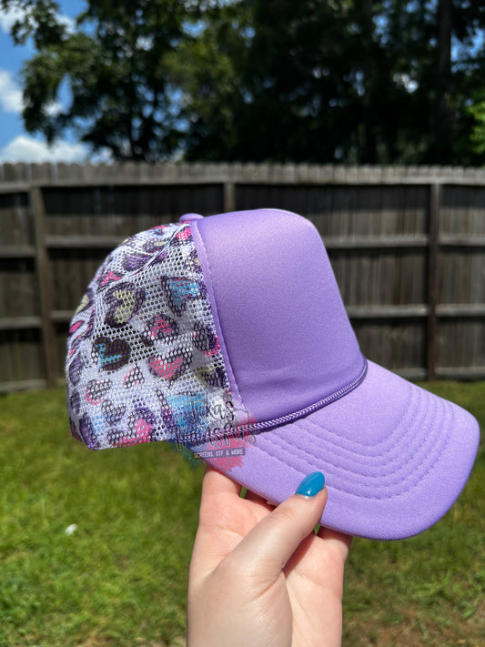Lavender/Colorful Heart Leopard Trucker Hat - Texas Transfers and Designs